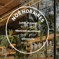 Sticker horaires d’ouverture vitrine | Autocollant vitrophanie heures d’ouverture magasin, salon de coiffure, restaurant, café et commerces