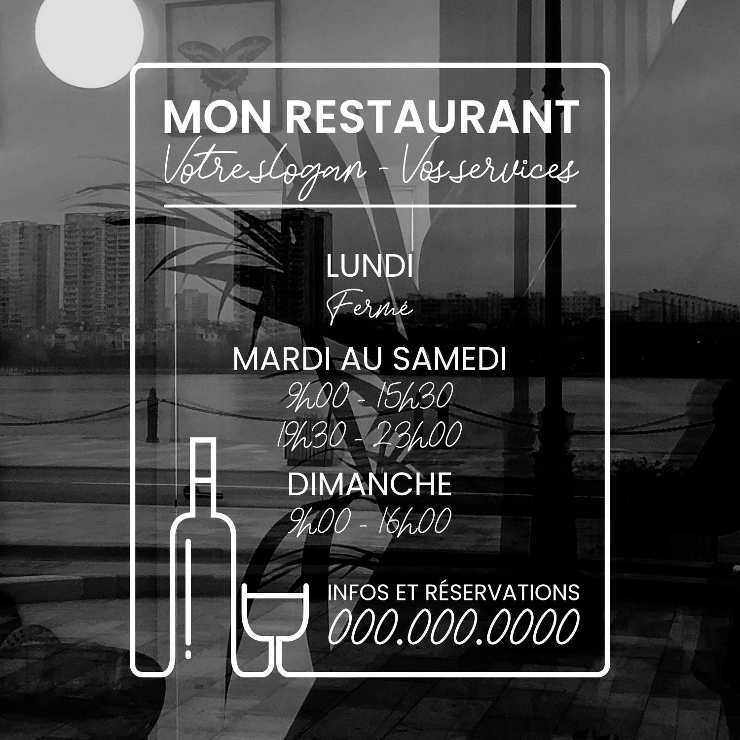 Sticker horaires d’ouverture vitrine | Autocollant vitrophanie heures d’ouverture magasin pour restaurant