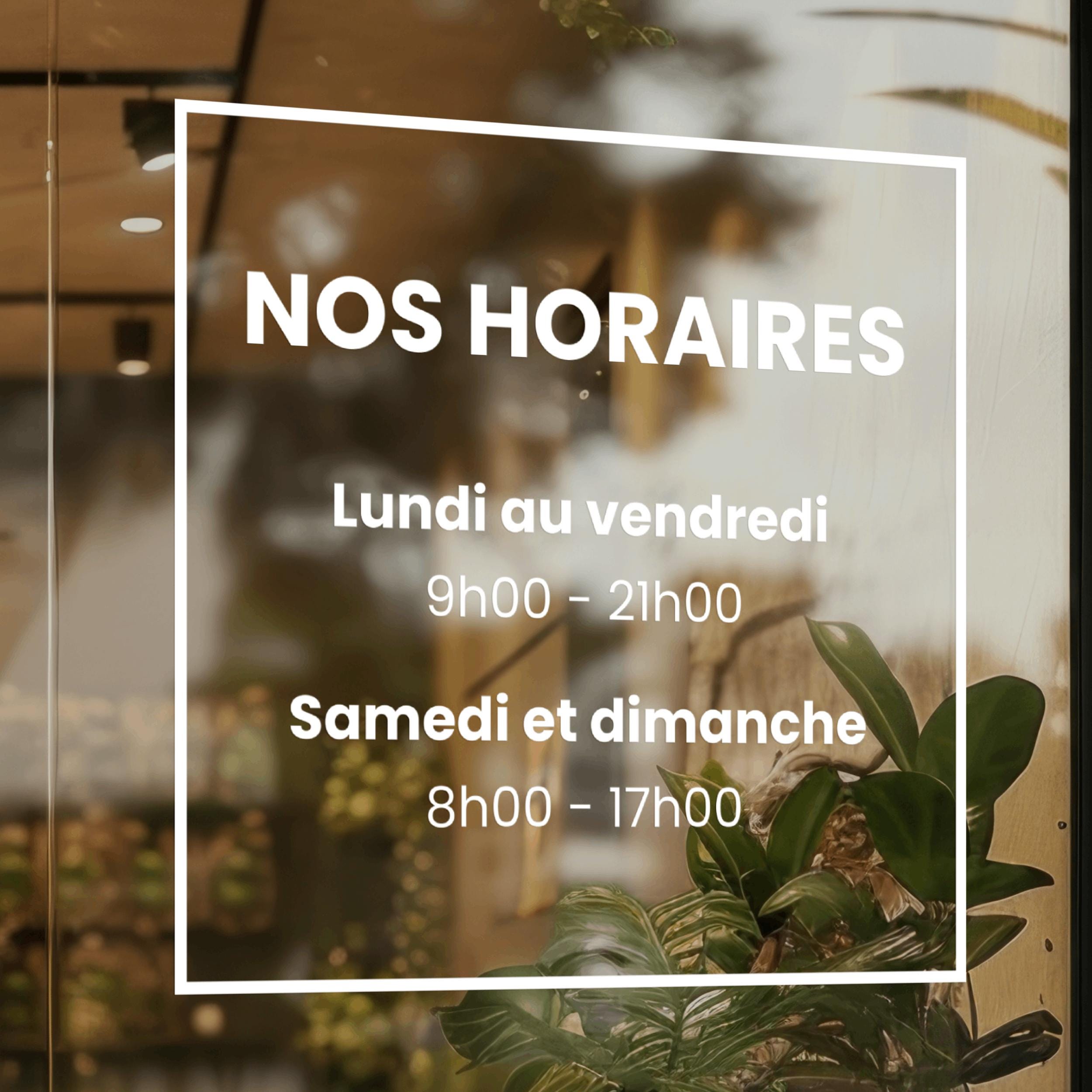 Sticker horaires d’ouverture vitrine | Autocollant vitrophanie heures d’ouverture magasin, salon de coiffure, restaurant, café et commerces