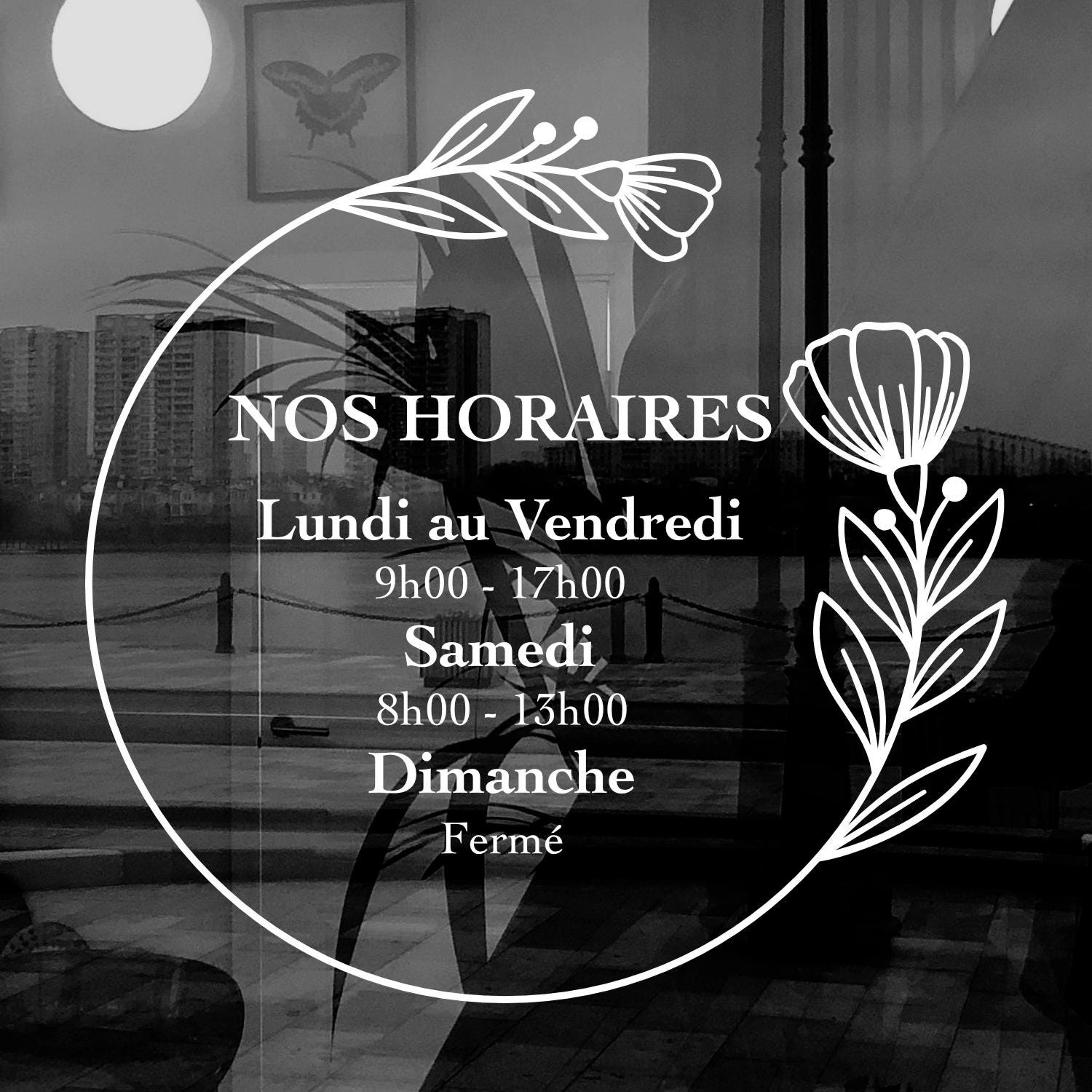 Sticker horaires d’ouverture vitrine | Autocollant vitrophanie heures d’ouverture magasin, salon de coiffure, restaurant, café et commerces