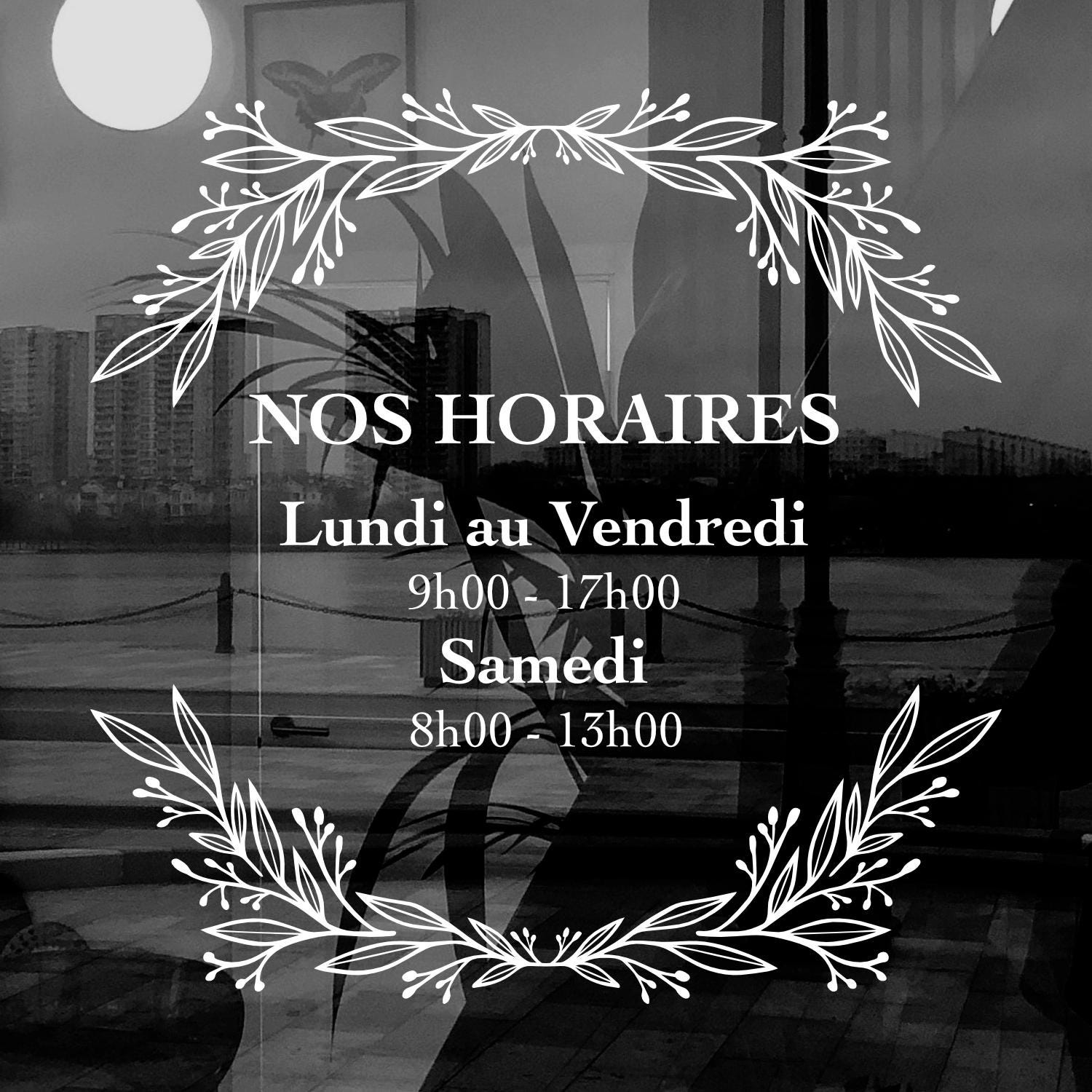 Sticker horaires d’ouverture vitrine | Autocollant vitrophanie heures d’ouverture magasin, salon de coiffure, restaurant, café et commerces