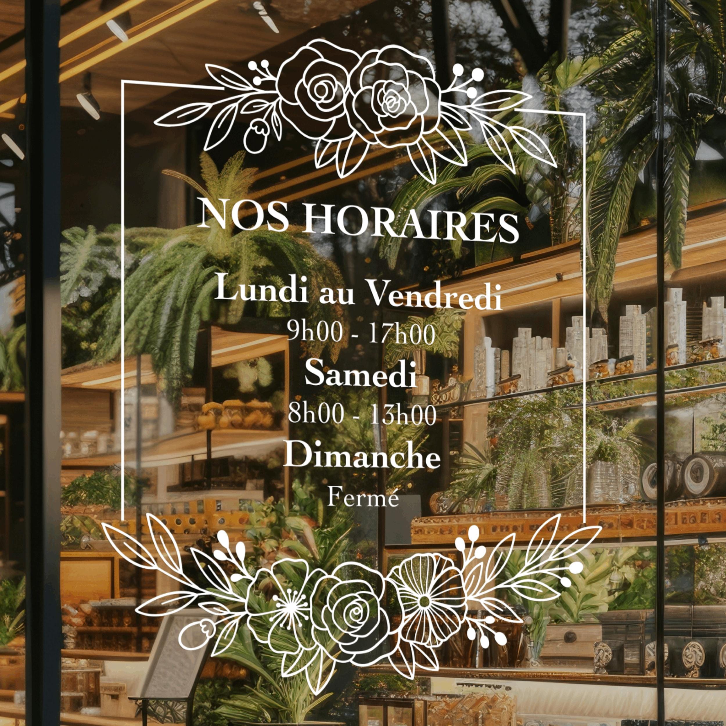 Sticker horaires d’ouverture vitrine | Autocollant vitrophanie heures d’ouverture magasin, salon de coiffure, restaurant, café et commerces