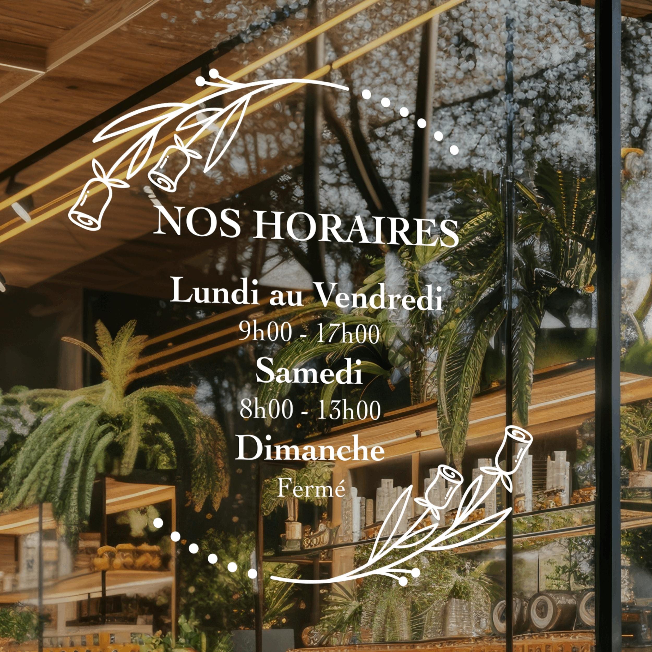 Sticker horaires d’ouverture vitrine | Autocollant vitrophanie heures d’ouverture magasin, salon de coiffure, restaurant, café et commerces