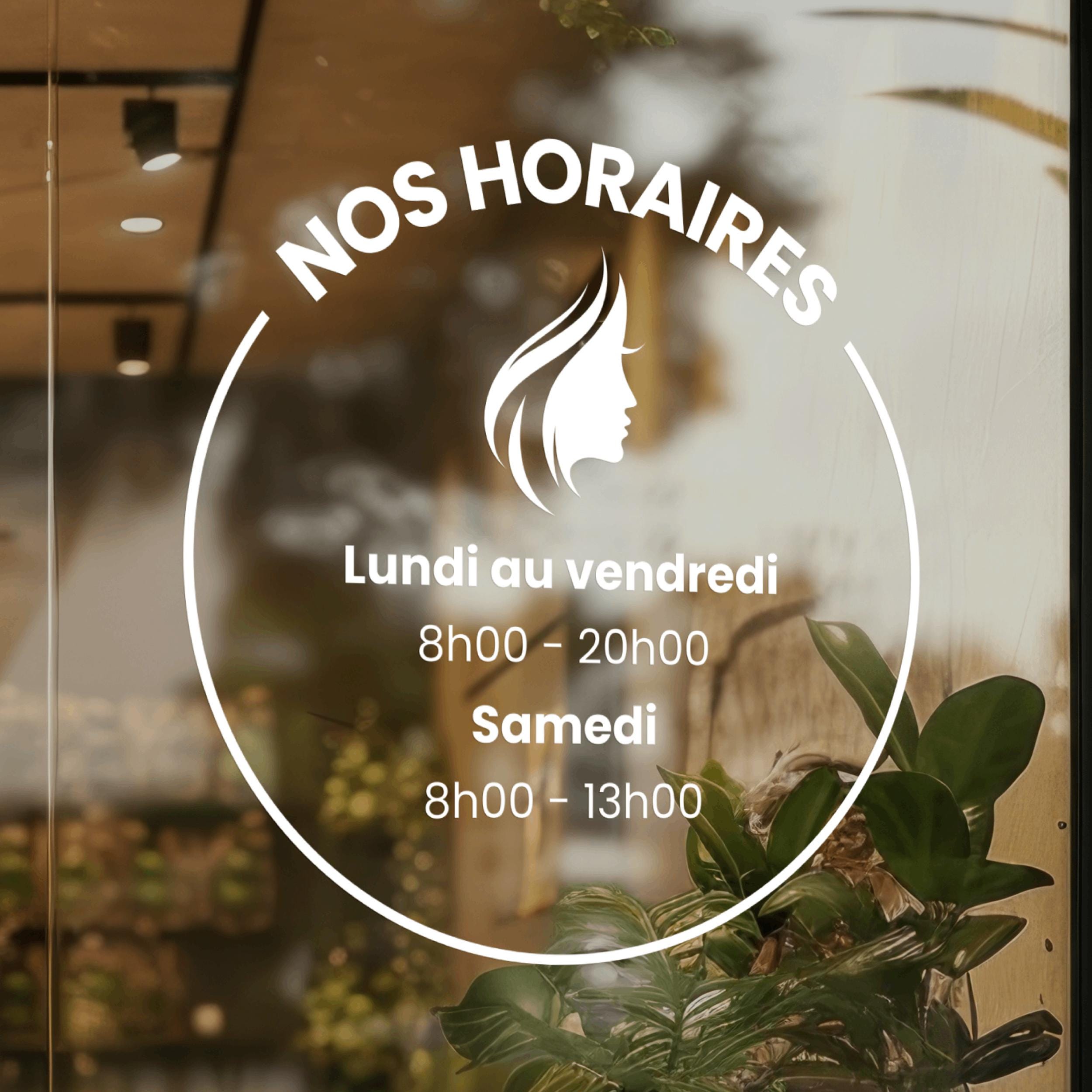 Sticker horaires d’ouverture vitrine | Autocollant vitrophanie heures d’ouverture salon de coiffure