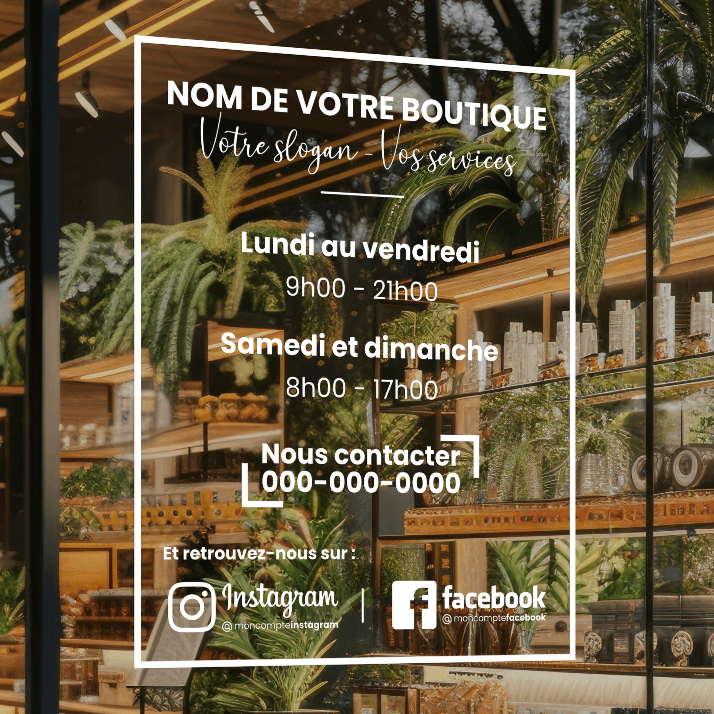 Sticker horaires d’ouverture vitrine | Autocollant vitrophanie heures d’ouverture magasin, salon de coiffure, restaurant, café et commerces