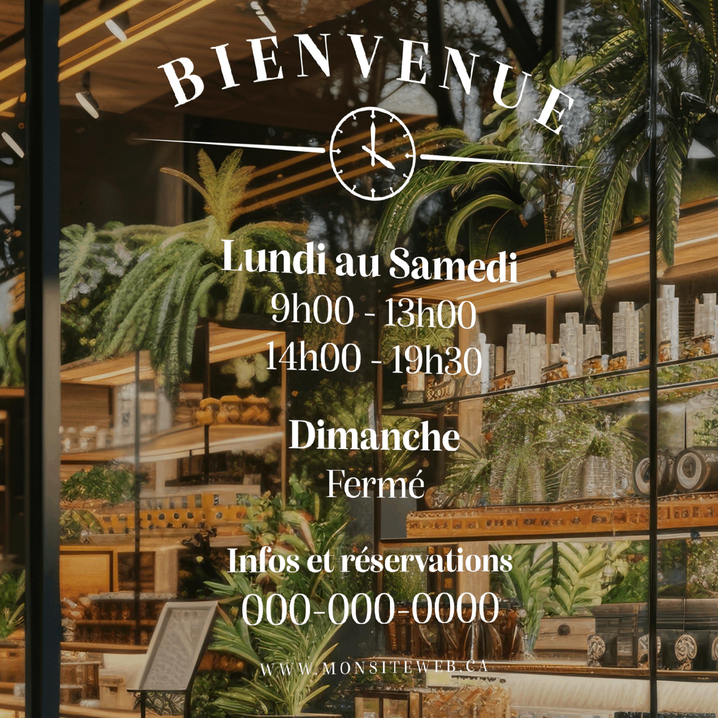 Sticker horaires d’ouverture vitrine | Autocollant vitrophanie heures d’ouverture magasin, salon de coiffure, restaurant, café et commerces