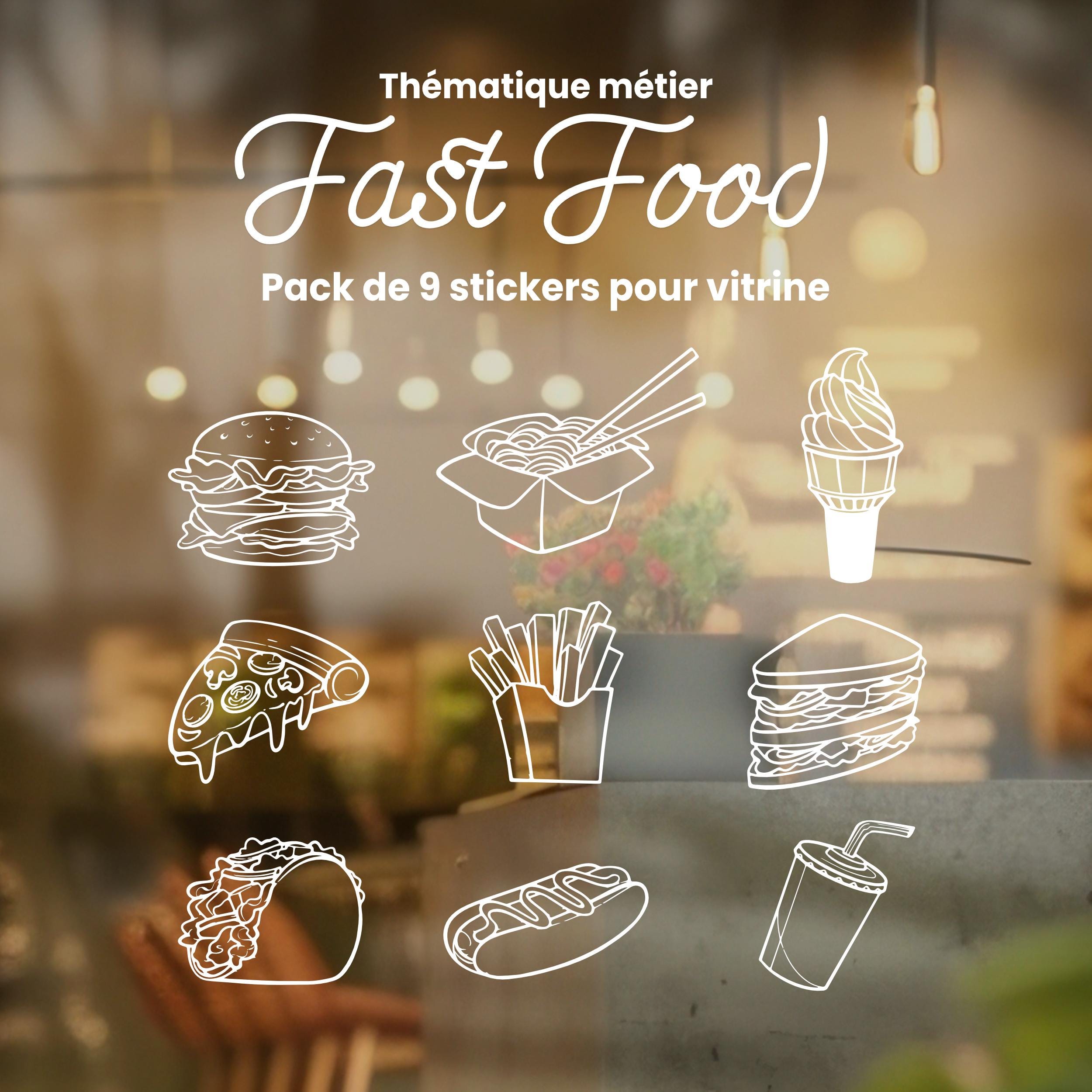 Pack de 9 stickers Fast Food en vinyle – autocollants Fast Food pour vitrine de restaurant, voiture, food truck et décoration murale