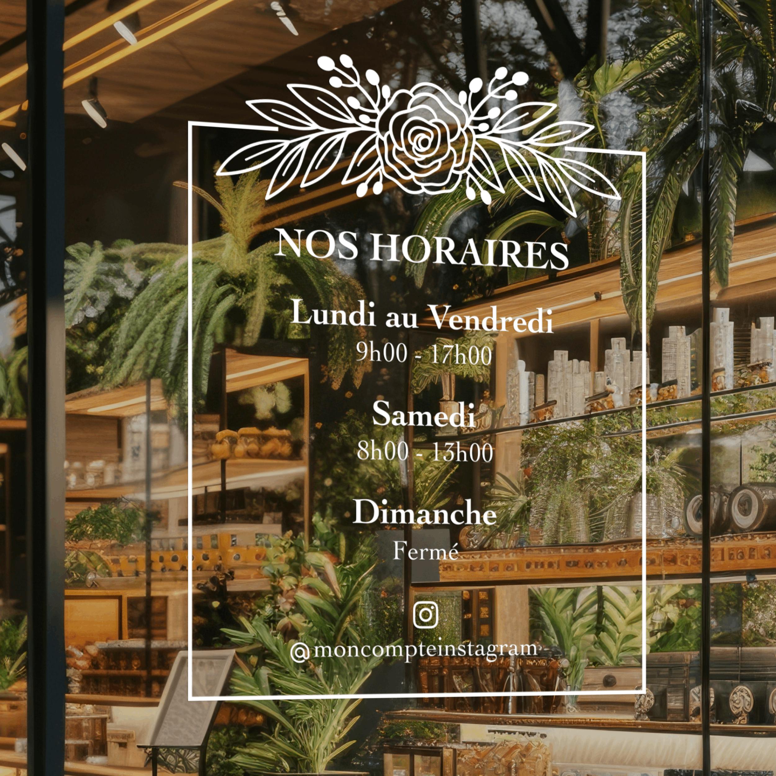 Sticker horaires d’ouverture vitrine | Autocollant vitrophanie heures d’ouverture magasin, salon de coiffure, restaurant, café et commerces