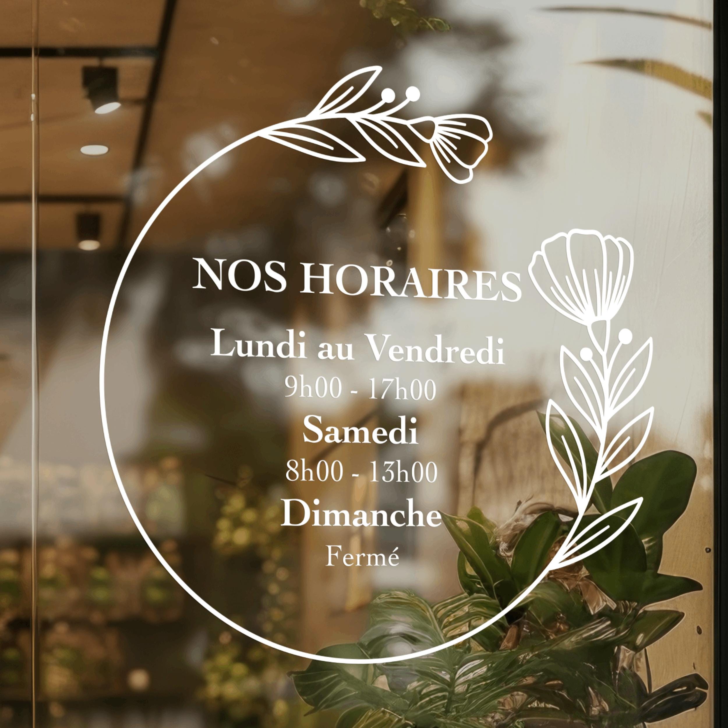 Sticker horaires d’ouverture vitrine | Autocollant vitrophanie heures d’ouverture magasin, salon de coiffure, restaurant, café et commerces