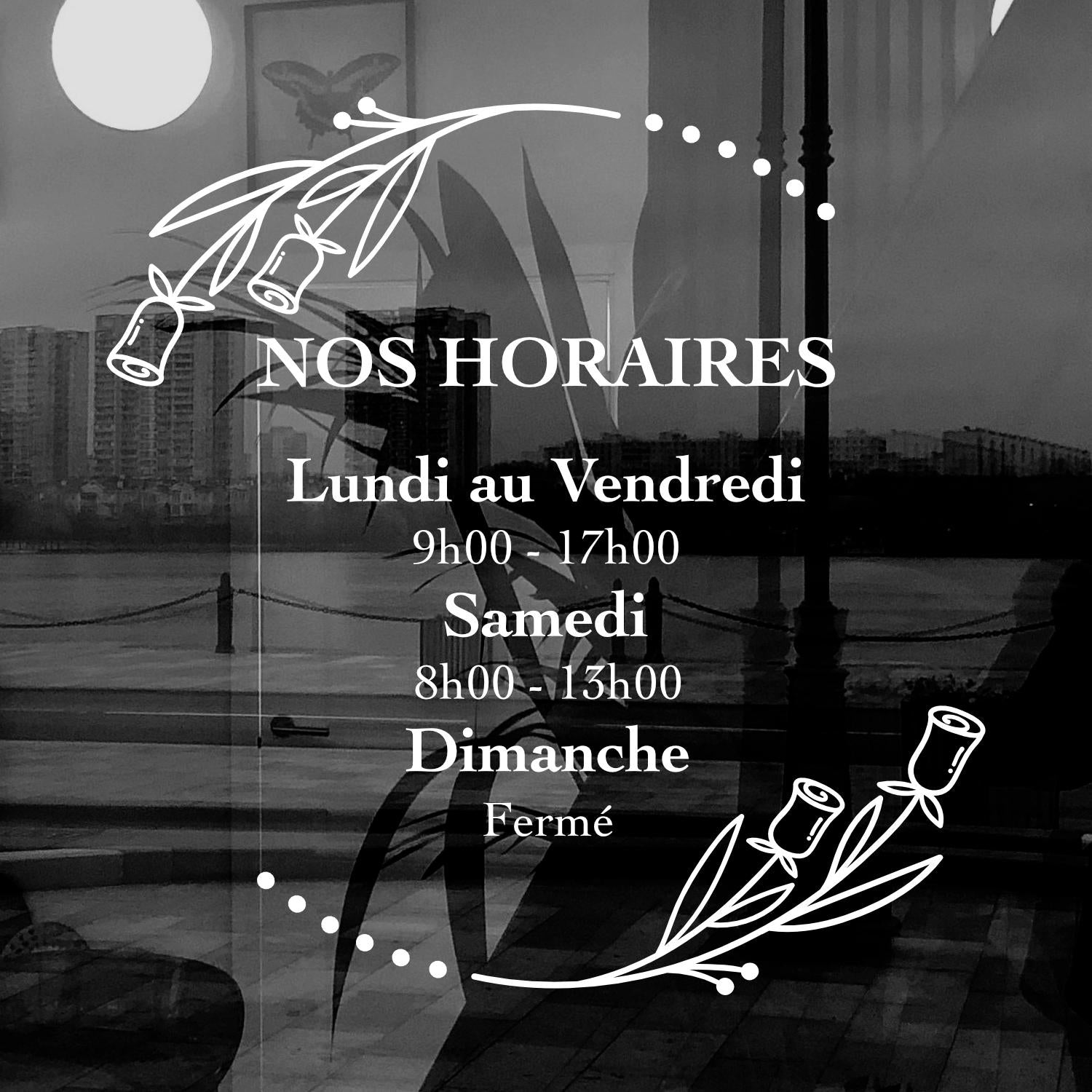 Sticker horaires d’ouverture vitrine | Autocollant vitrophanie heures d’ouverture magasin, salon de coiffure, restaurant, café et commerces