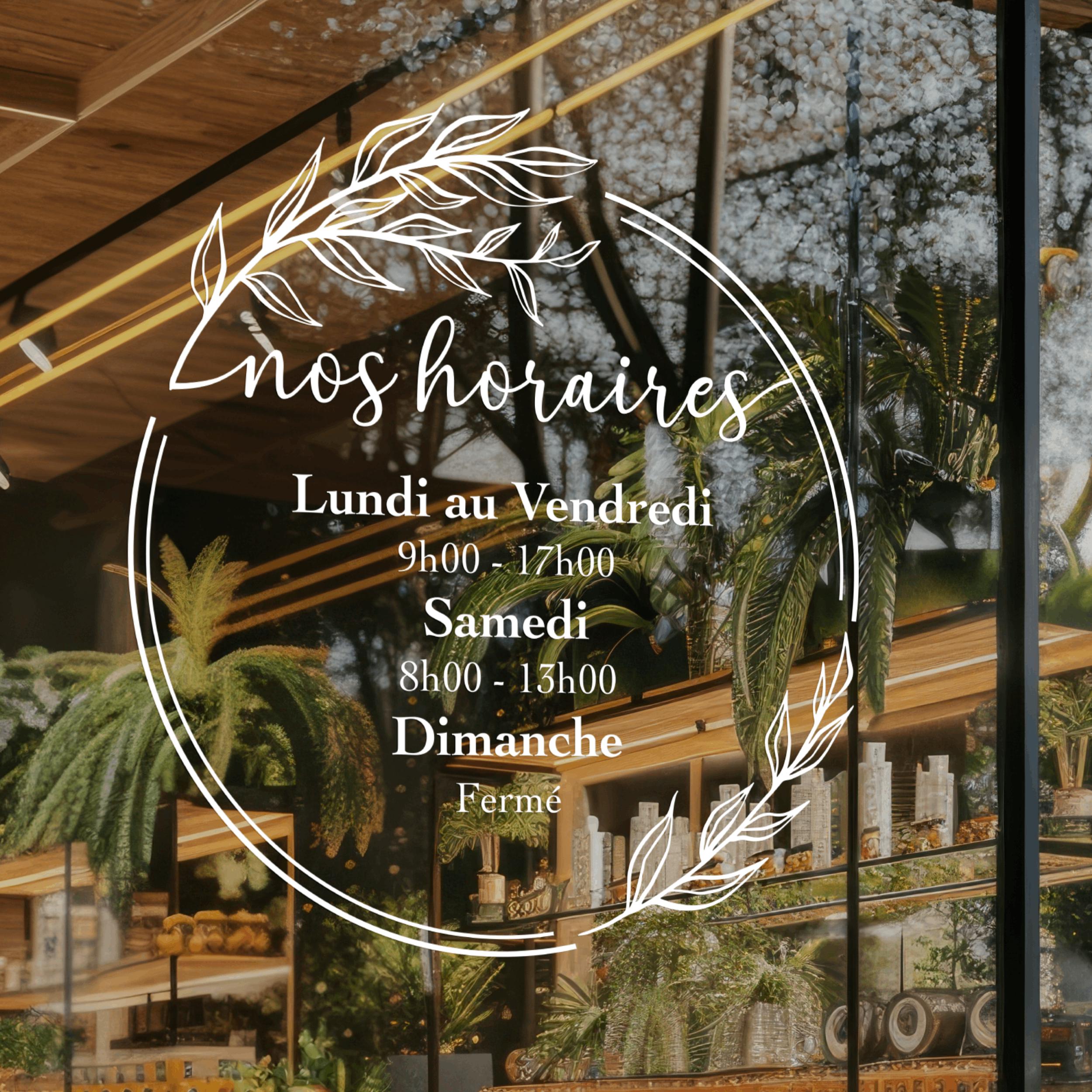 Sticker horaires d’ouverture vitrine | Autocollant vitrophanie heures d’ouverture magasin, salon de coiffure, restaurant, café et commerces