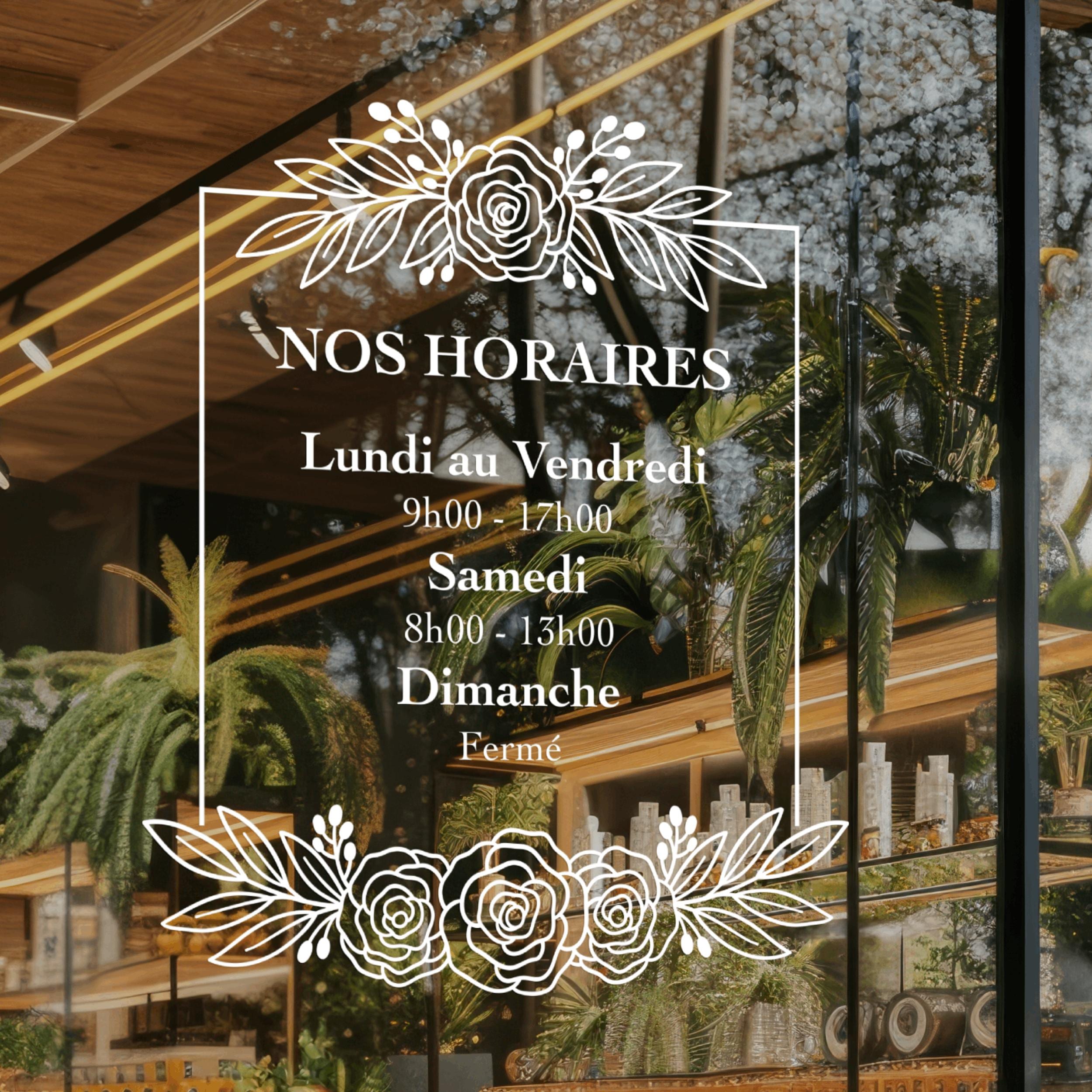 Sticker horaires d’ouverture vitrine | Autocollant vitrophanie heures d’ouverture magasin, salon de coiffure, restaurant, café et commerces