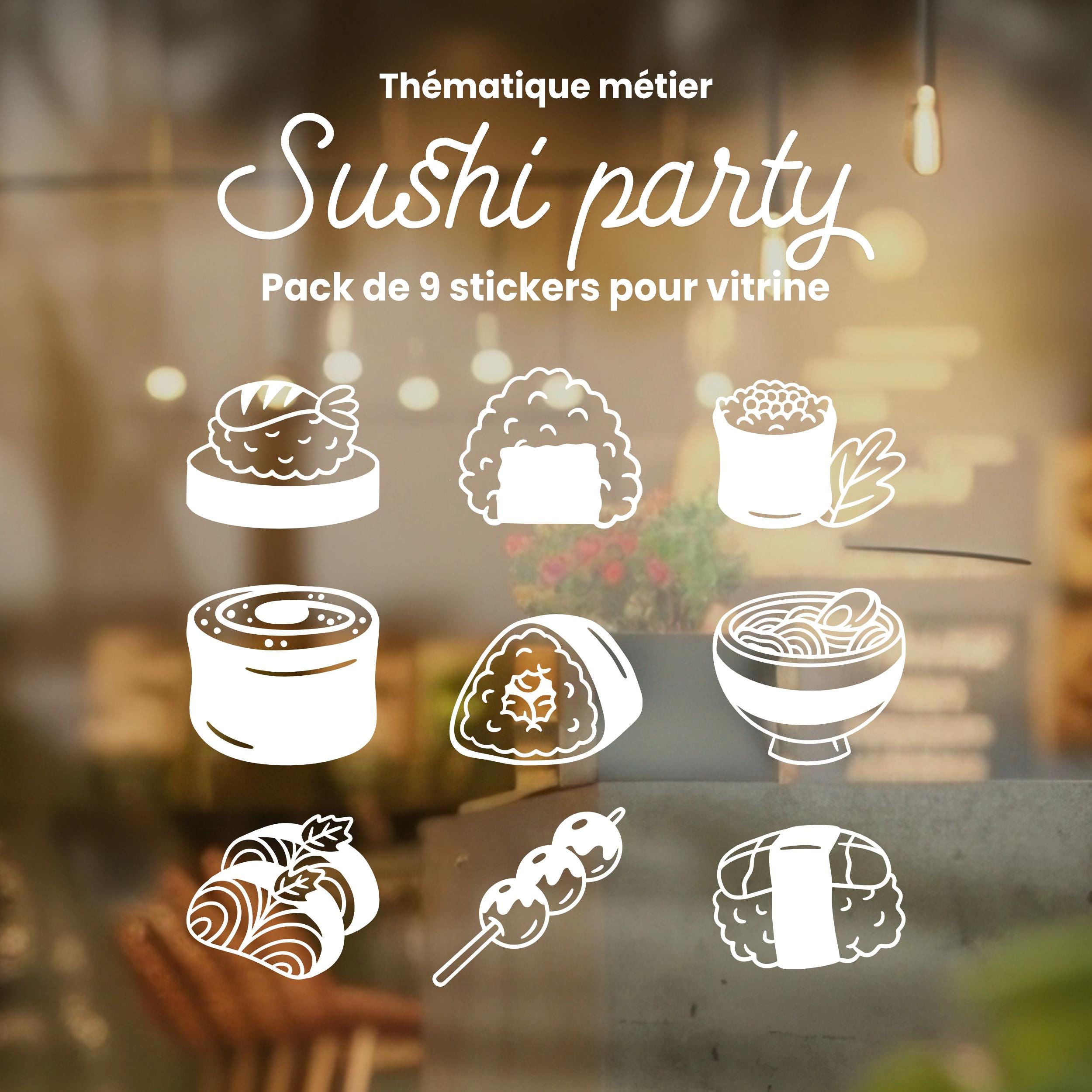 Pack de 9 stickers Sushi en vinyle – autocollants pour vitrine de restaurant japonais, voiture, moto, ordinateur, cuisine, déco murale