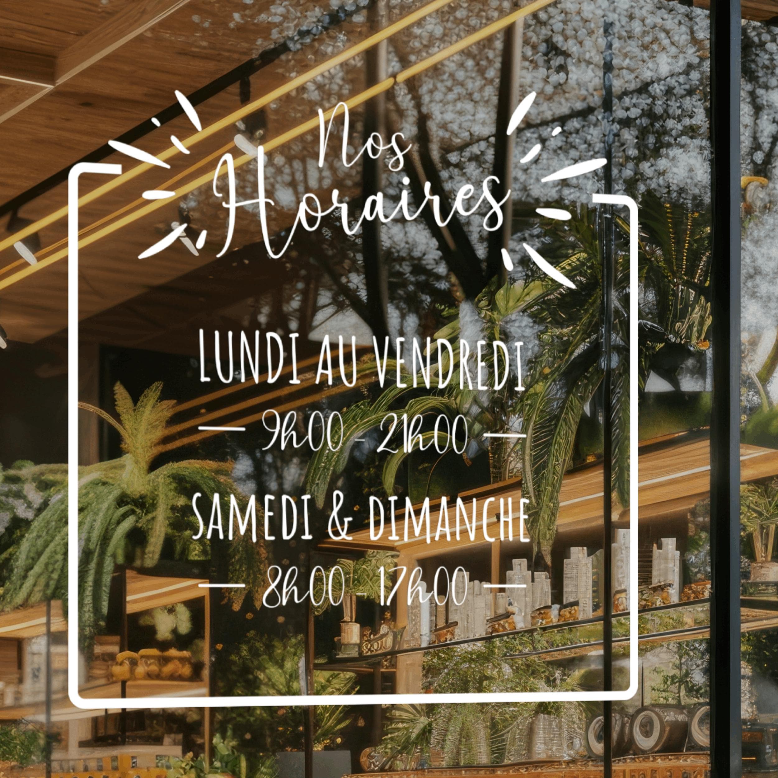 Sticker horaires d’ouverture vitrine | Autocollant vitrophanie heures d’ouverture magasin, salon de coiffure, restaurant, café et commerces