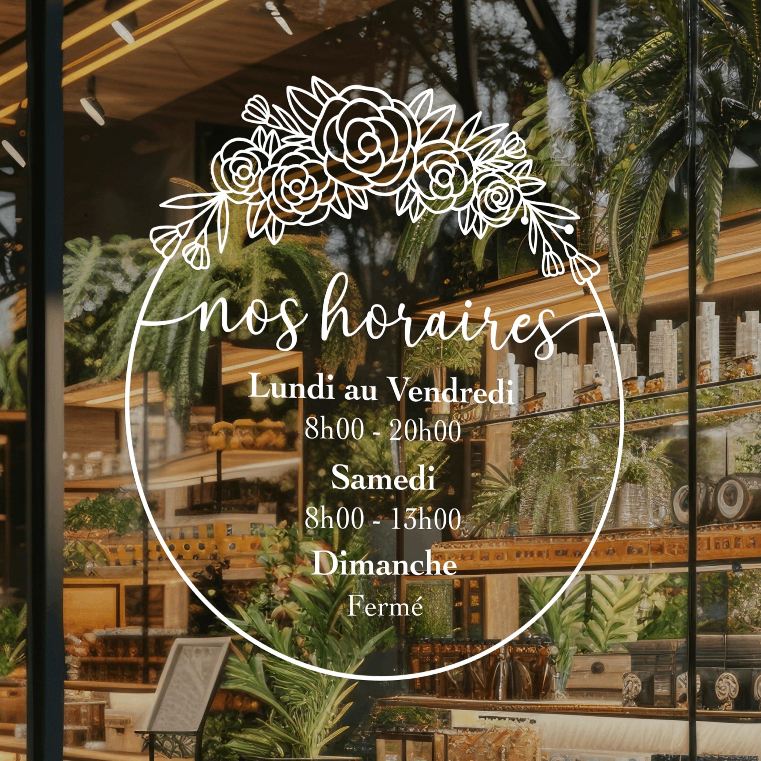 Sticker horaires d’ouverture vitrine | Autocollant vitrophanie heures d’ouverture magasin, salon de coiffure, restaurant, café et commerces