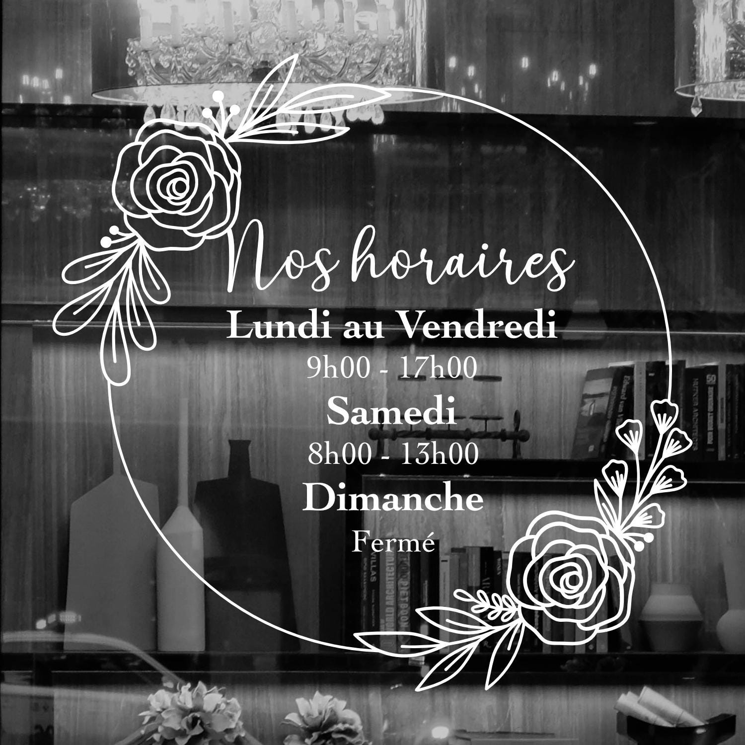 Sticker horaires d’ouverture vitrine | Autocollant vitrophanie heures d’ouverture magasin, salon de coiffure, restaurant, café et commerces