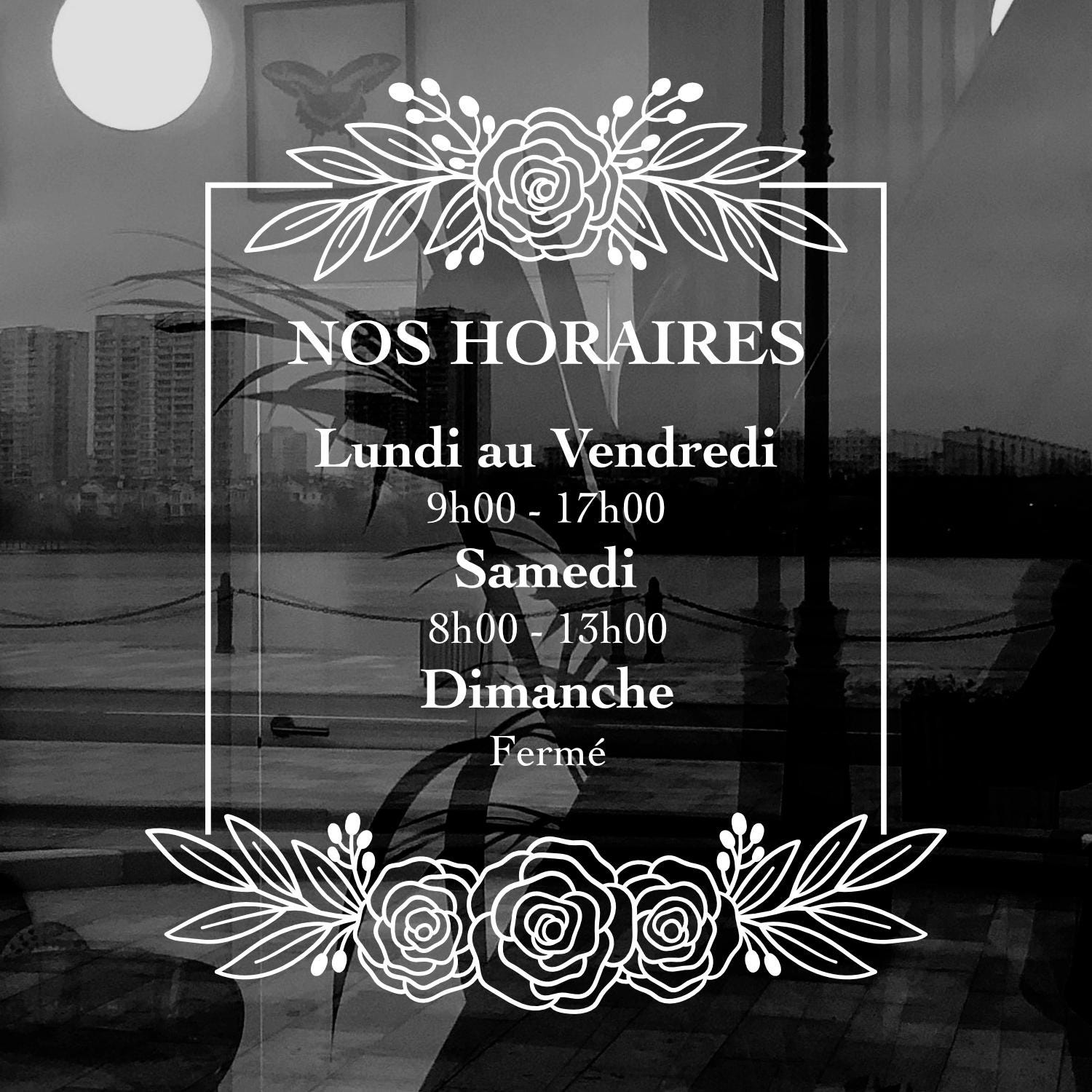 Sticker horaires d’ouverture vitrine | Autocollant vitrophanie heures d’ouverture magasin, salon de coiffure, restaurant, café et commerces