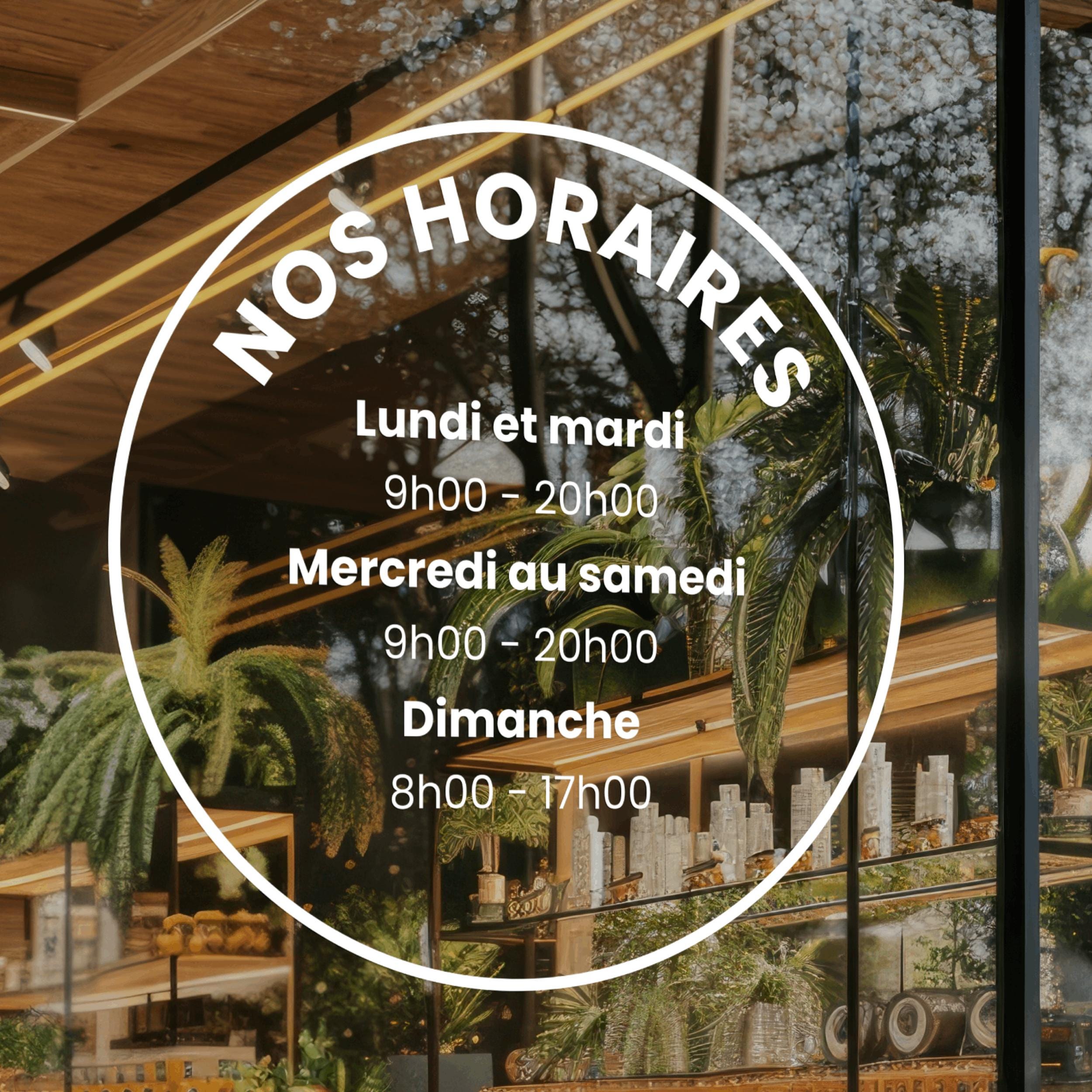 Sticker horaires d’ouverture vitrine | Autocollant vitrophanie heures d’ouverture magasin, salon de coiffure, restaurant, café et commerces