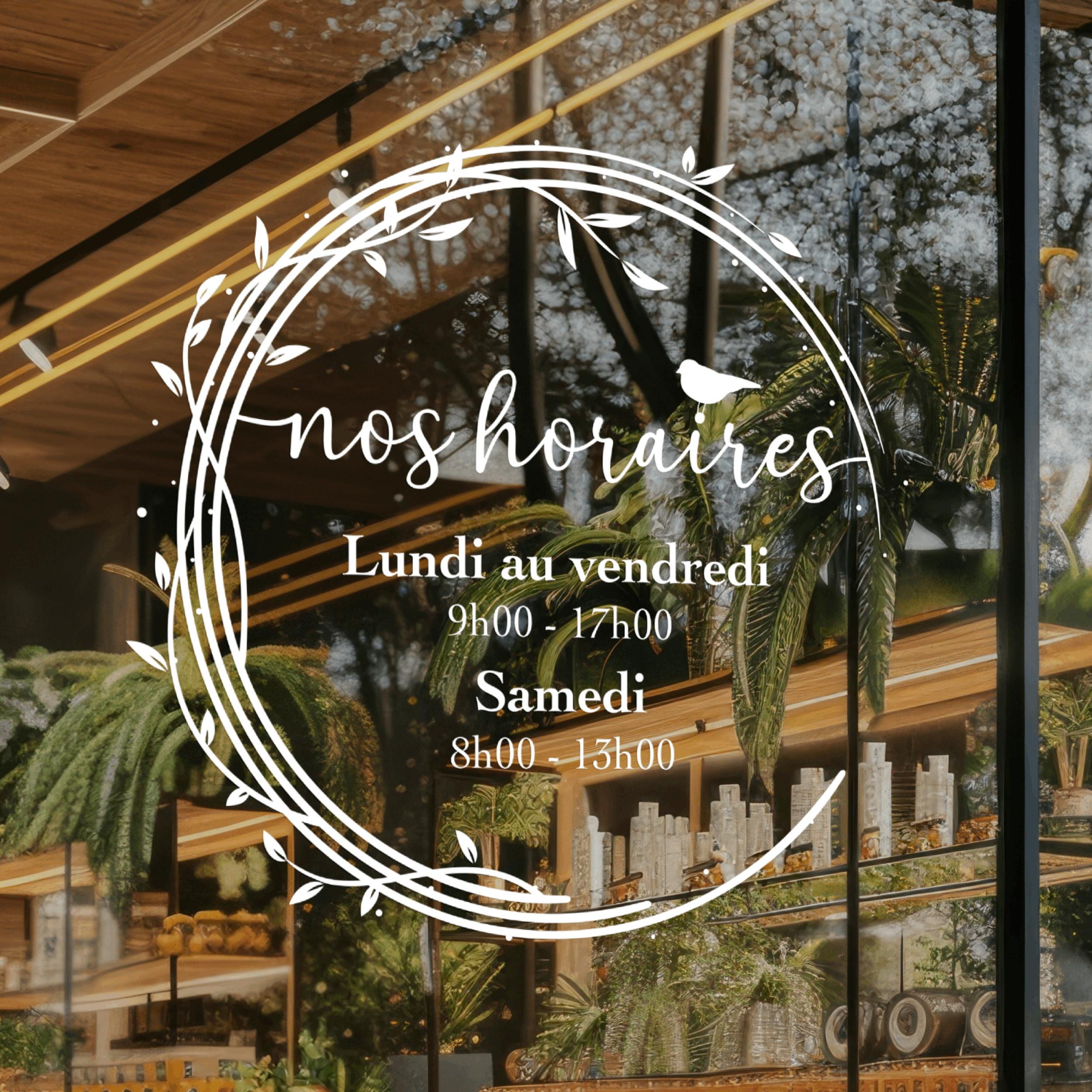 Sticker horaires d’ouverture vitrine | Autocollant vitrophanie heures d’ouverture magasin, salon de coiffure, restaurant, café et commerces