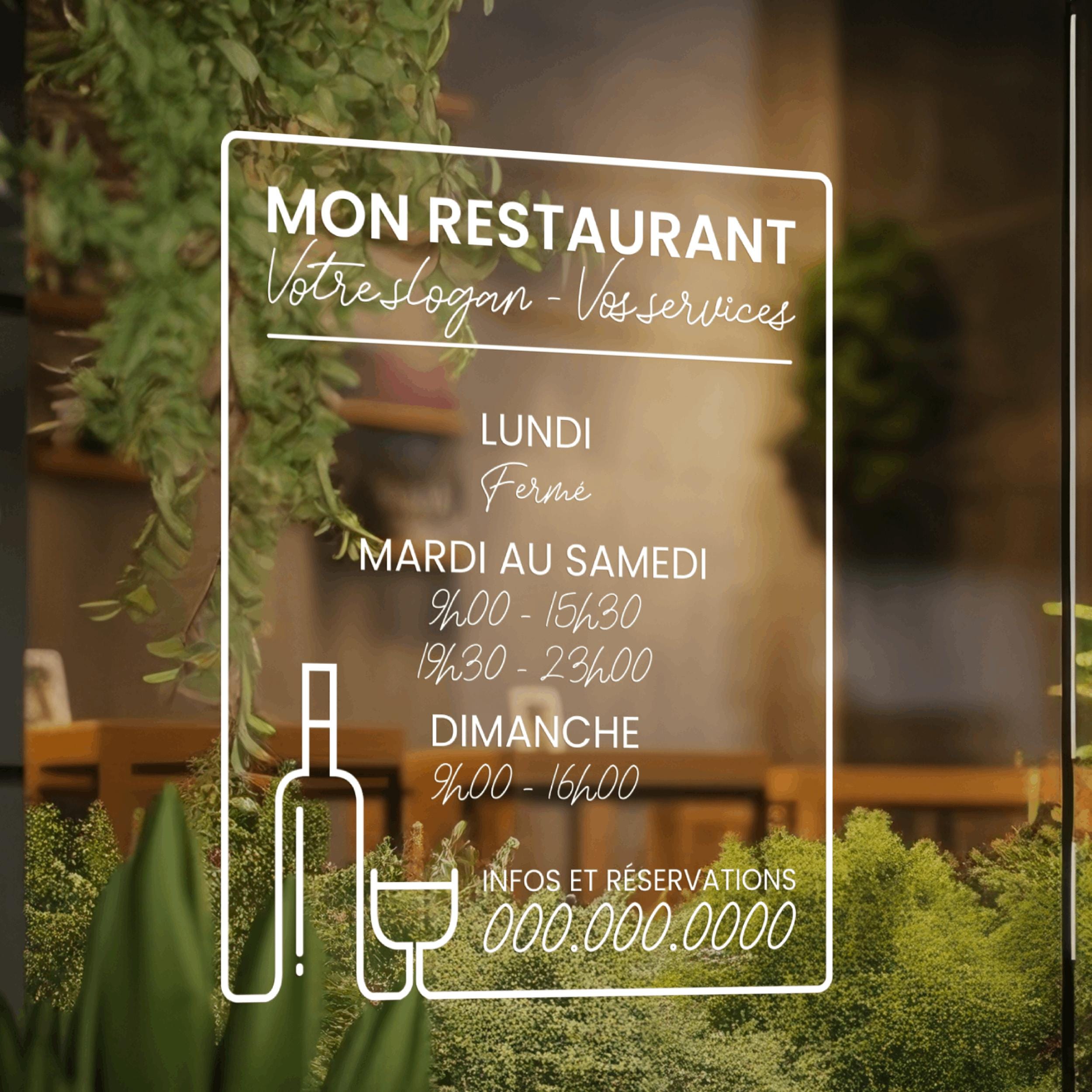 Sticker horaires d’ouverture vitrine | Autocollant vitrophanie heures d’ouverture magasin pour restaurant
