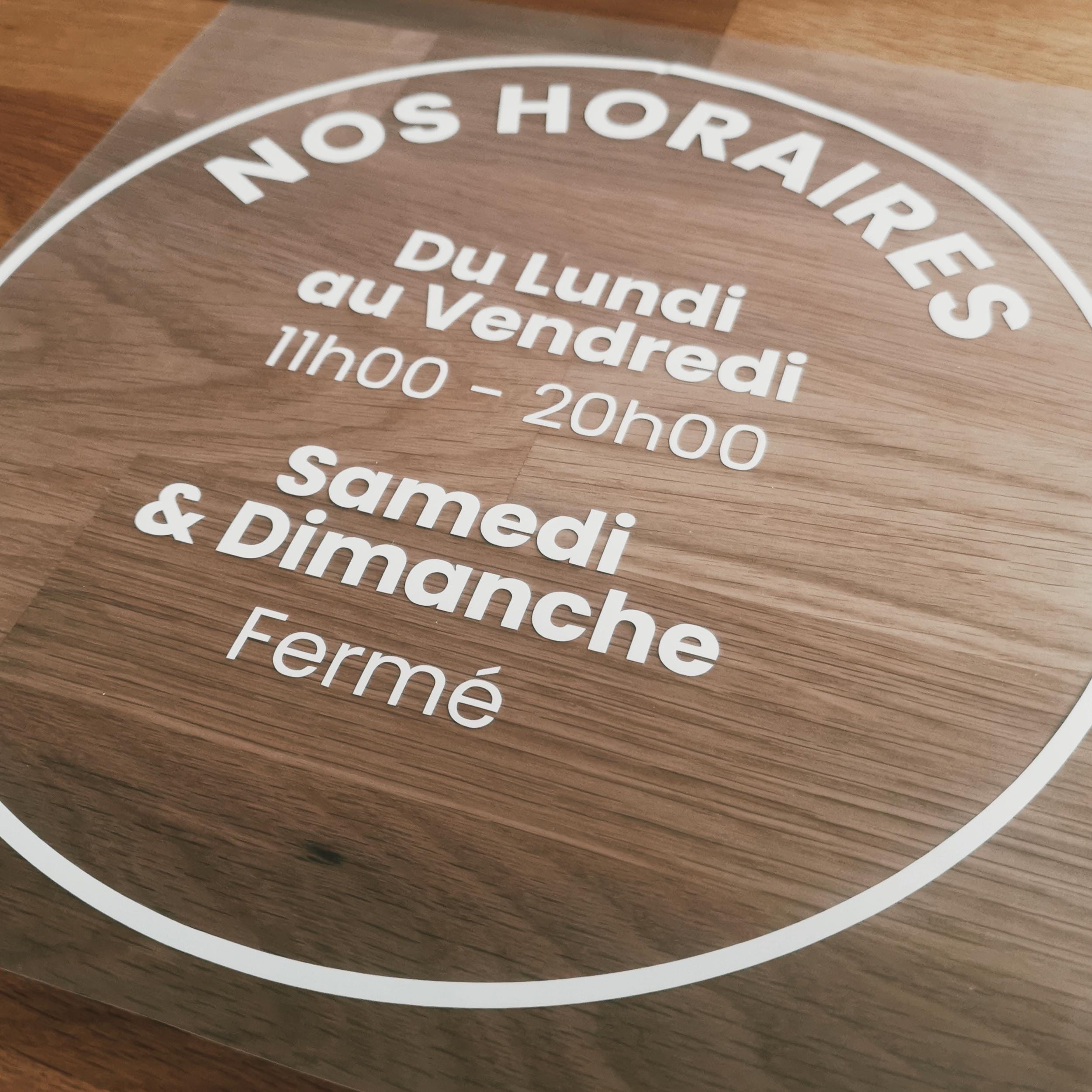 Sticker horaires d’ouverture vitrine | Autocollant vitrophanie heures d’ouverture magasin, salon de coiffure, restaurant, café et commerces