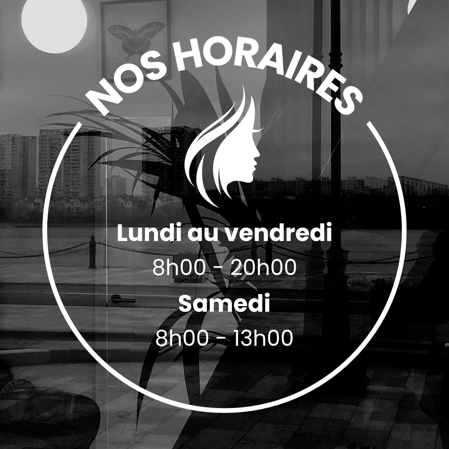 Sticker horaires d’ouverture vitrine | Autocollant vitrophanie heures d’ouverture salon de coiffure
