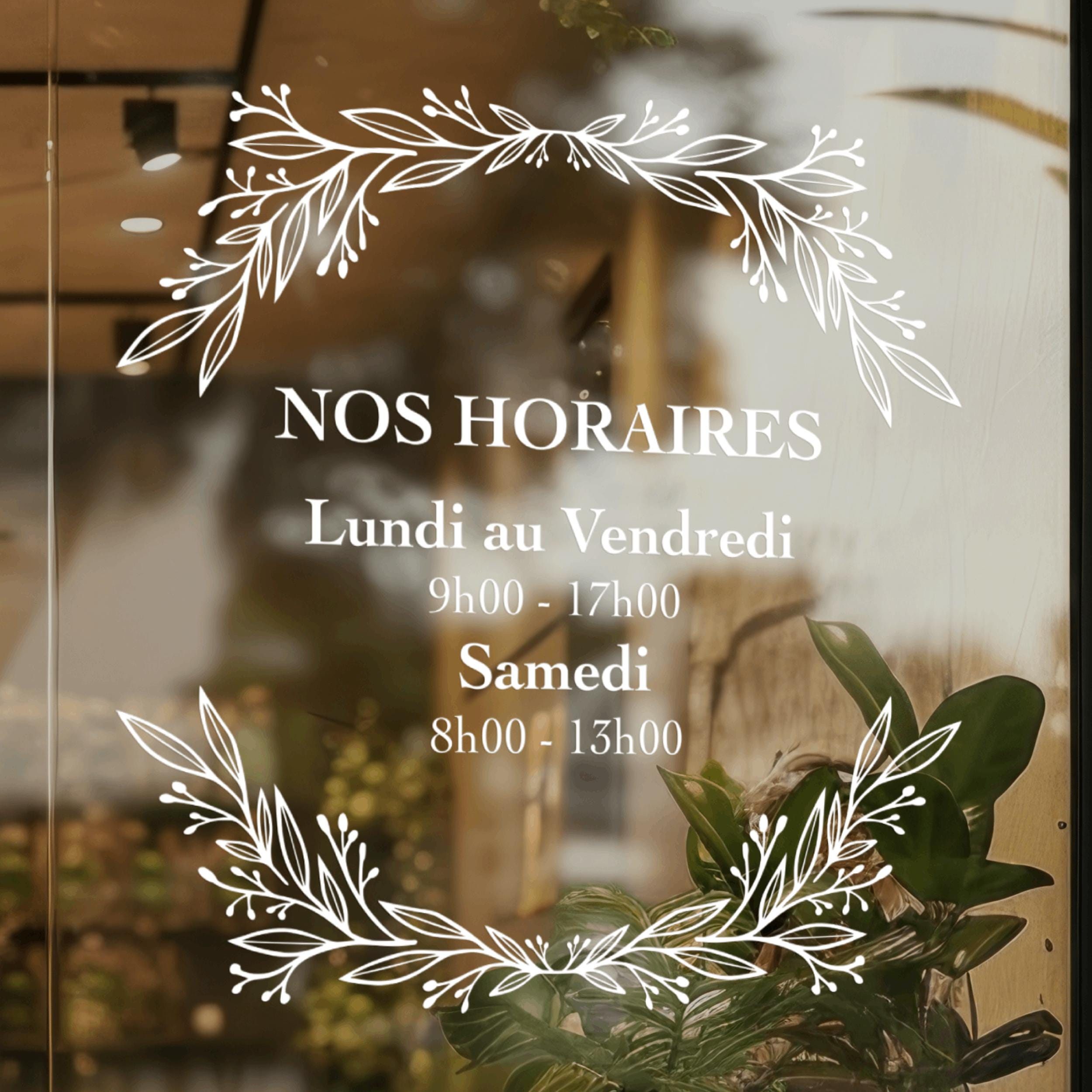 Sticker horaires d’ouverture vitrine | Autocollant vitrophanie heures d’ouverture magasin, salon de coiffure, restaurant, café et commerces