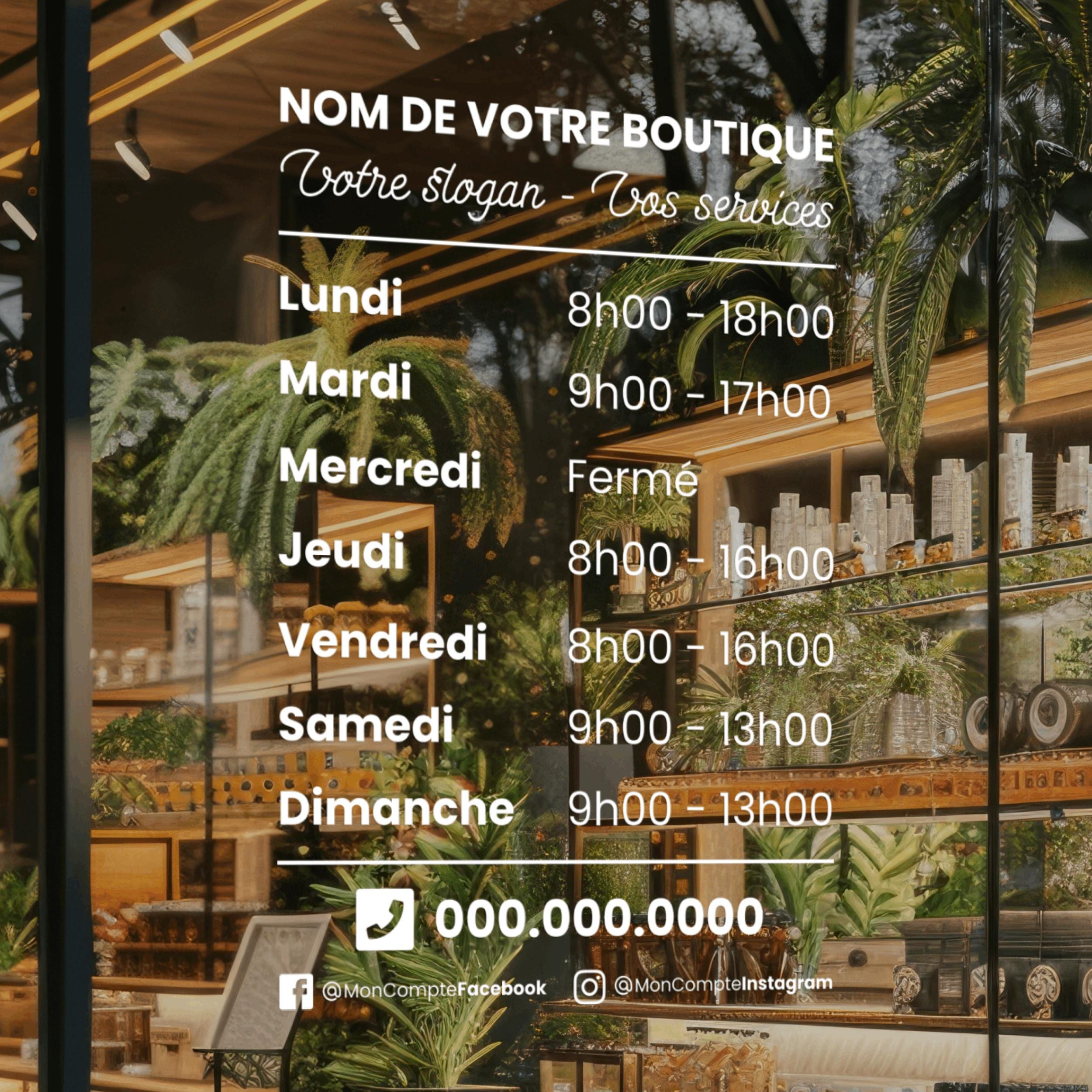 Sticker horaires d’ouverture vitrine | Autocollant vitrophanie heures d’ouverture magasin, salon de coiffure, restaurant, café et commerces