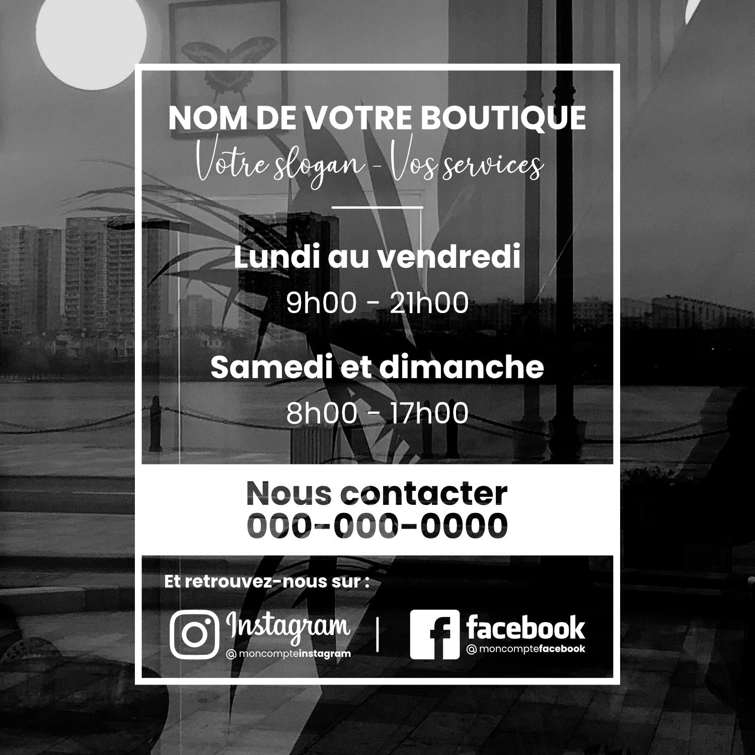 Sticker horaires d’ouverture vitrine | Autocollant vitrophanie heures d’ouverture magasin, salon de coiffure, restaurant, café et commerces