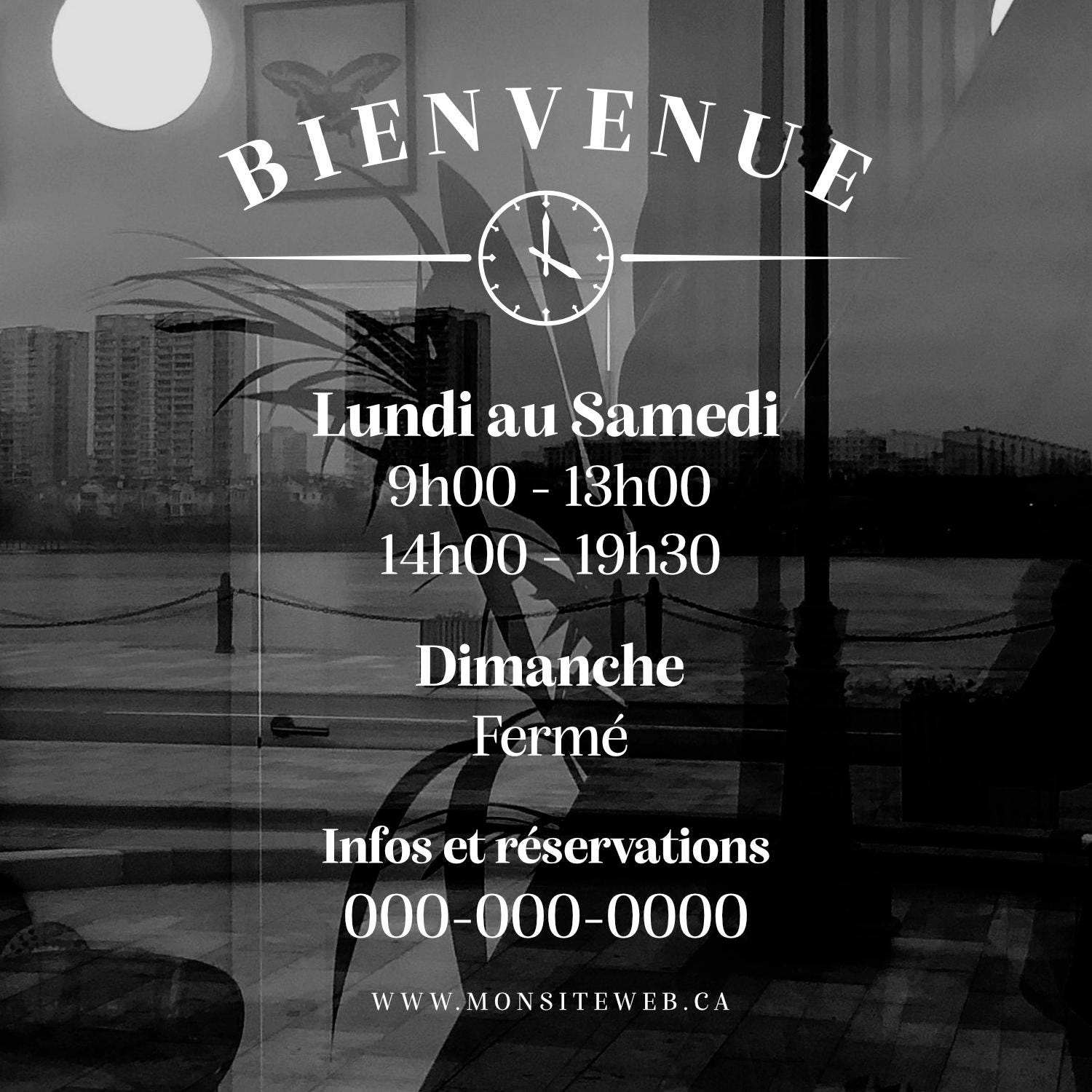 Sticker horaires d’ouverture vitrine | Autocollant vitrophanie heures d’ouverture magasin, salon de coiffure, restaurant, café et commerces