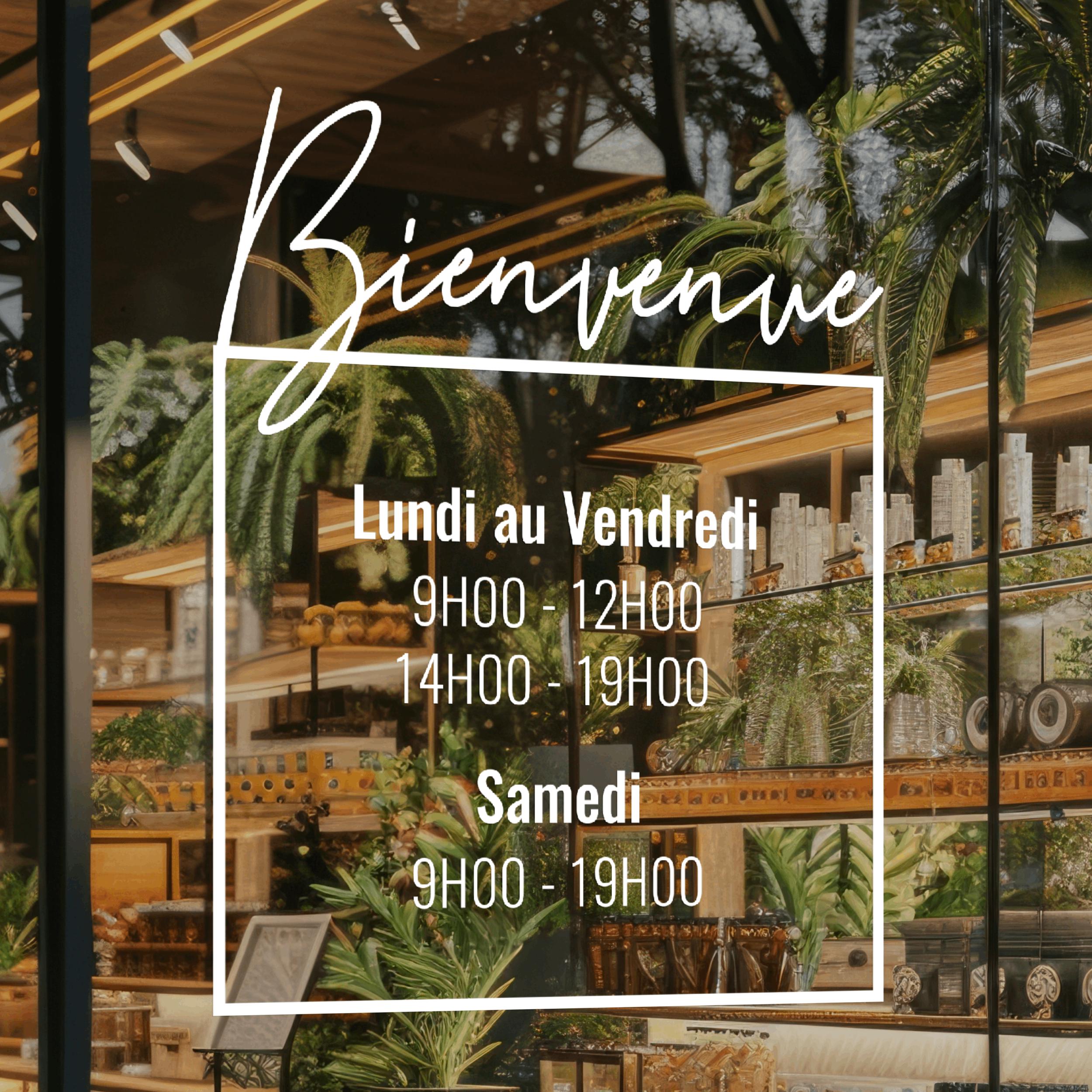 Sticker horaires d’ouverture vitrine | Autocollant vitrophanie heures d’ouverture magasin, salon de coiffure, restaurant, café et commerces