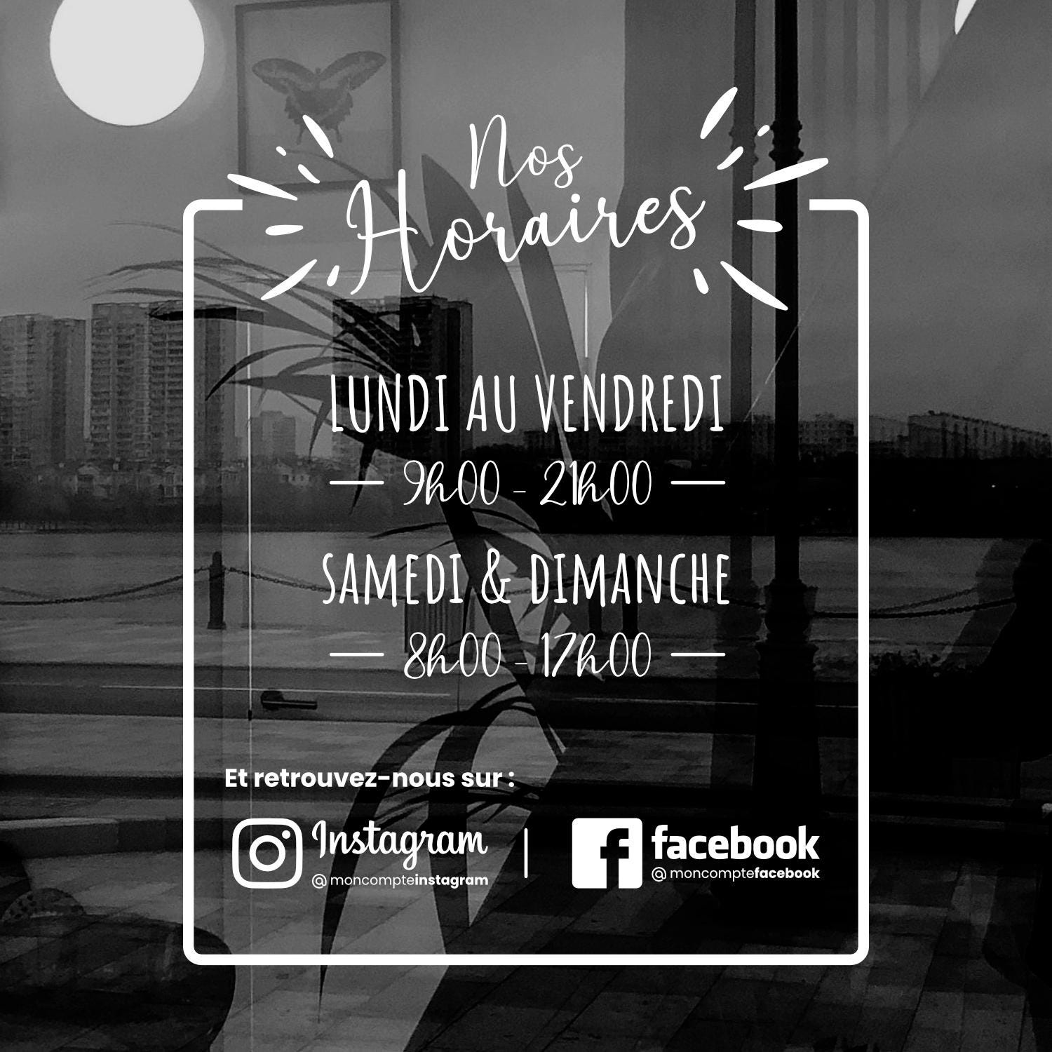 Sticker horaires d’ouverture vitrine | Autocollant vitrophanie heures d’ouverture magasin, salon de coiffure, restaurant, café et commerces