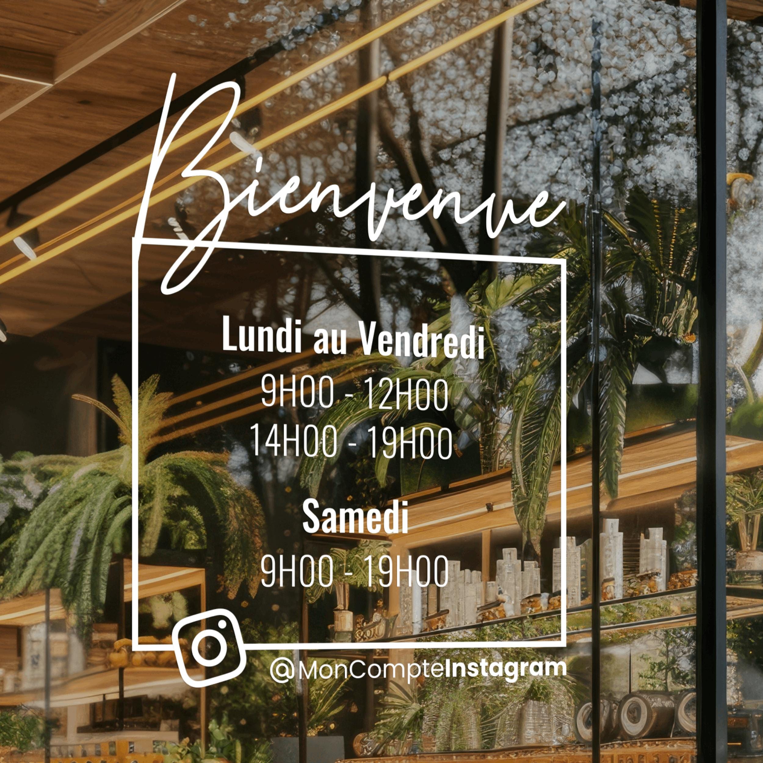 Sticker horaires d’ouverture vitrine | Autocollant vitrophanie heures d’ouverture magasin, salon de coiffure, restaurant, café et commerces