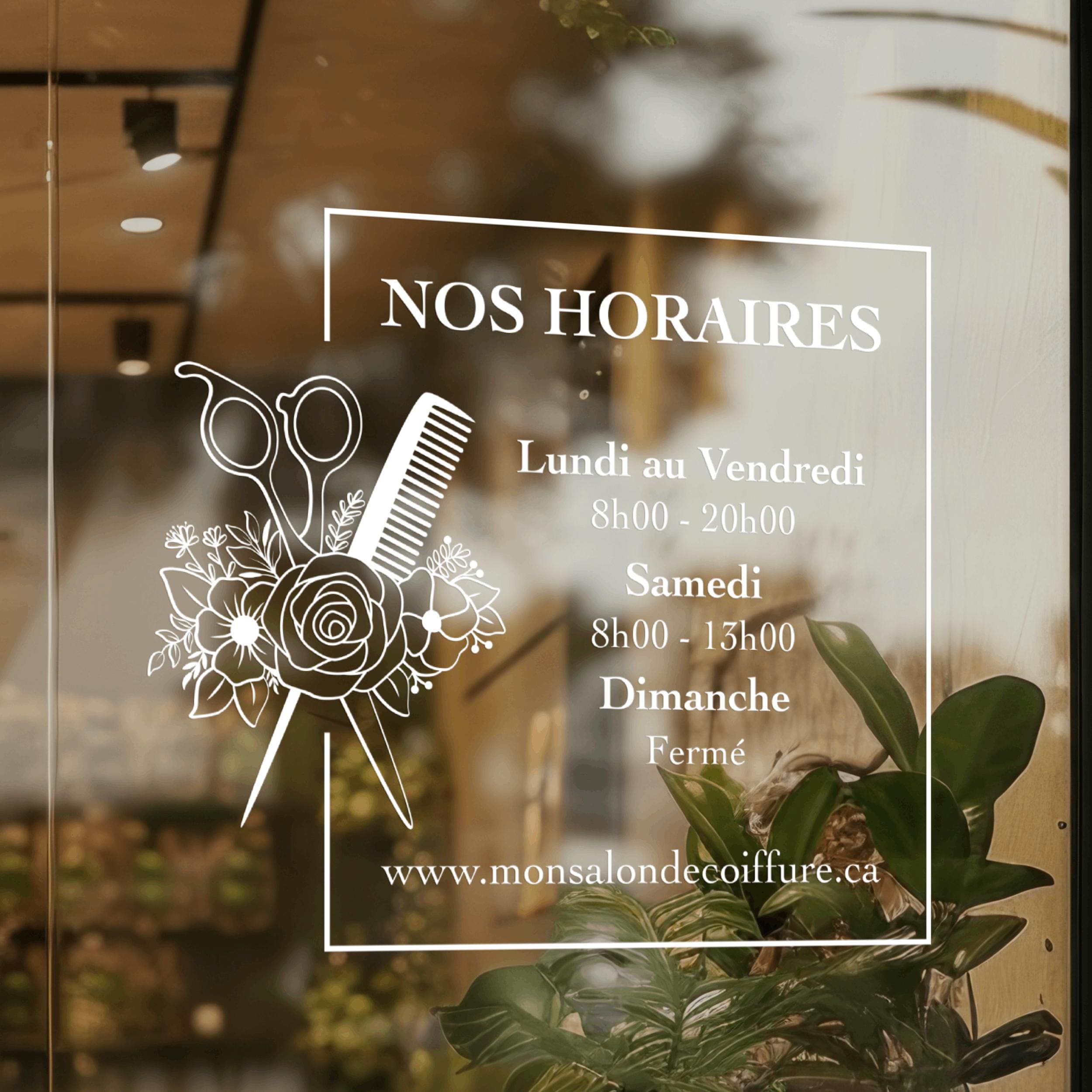 Sticker horaires d’ouverture vitrine | Autocollant vitrophanie heures d’ouverture salon de coiffure