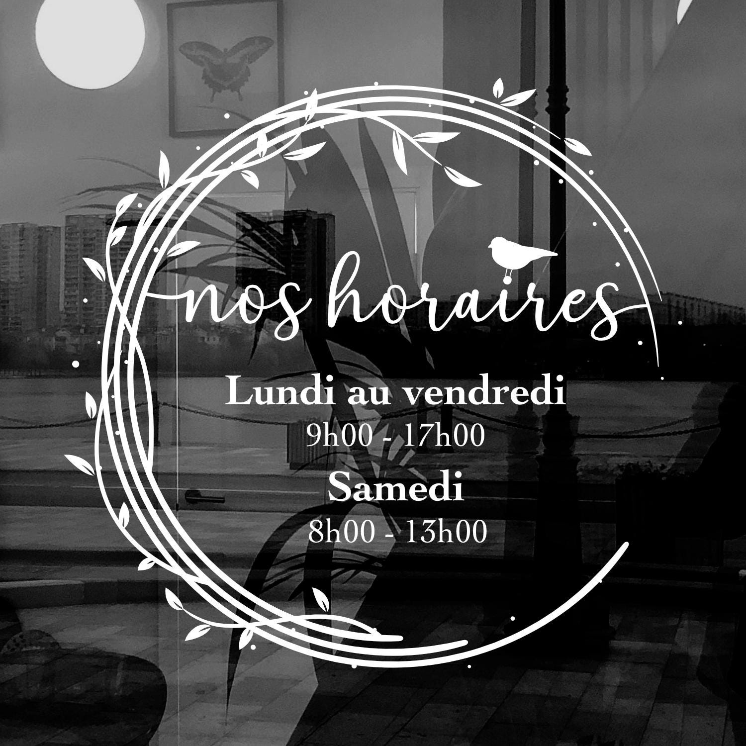 Sticker horaires d’ouverture vitrine | Autocollant vitrophanie heures d’ouverture magasin, salon de coiffure, restaurant, café et commerces