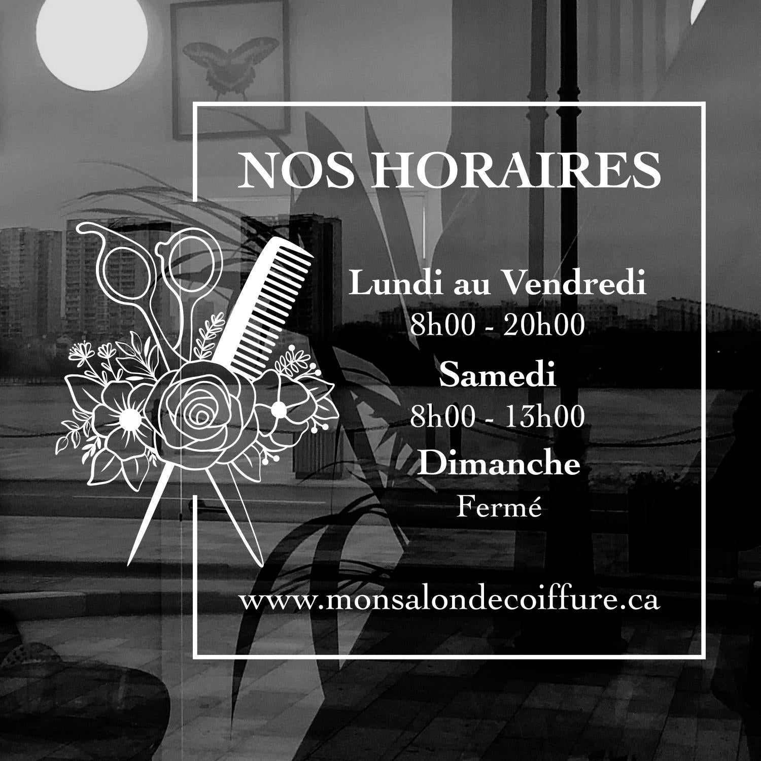 Sticker horaires d’ouverture vitrine | Autocollant vitrophanie heures d’ouverture salon de coiffure
