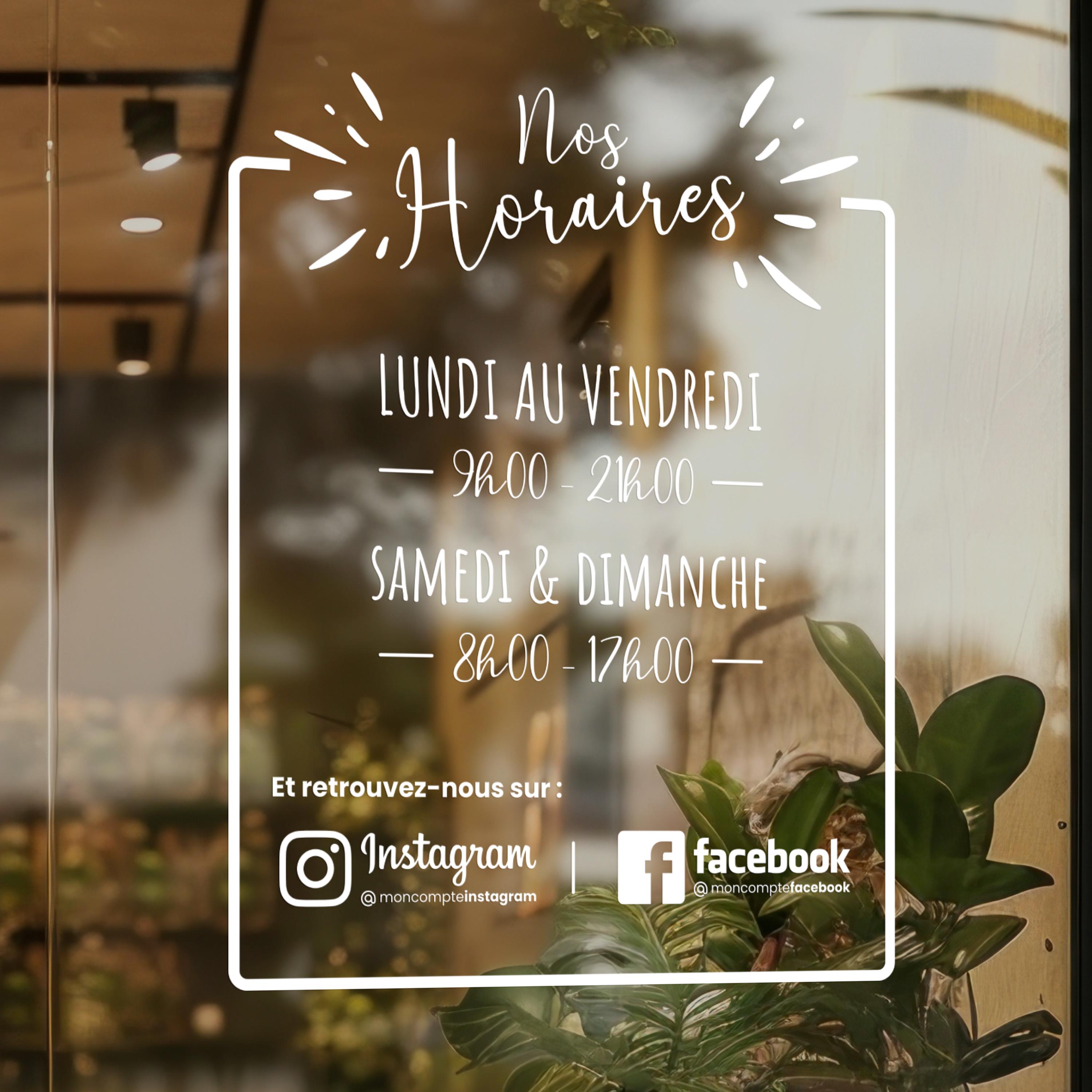 Sticker horaires d’ouverture vitrine | Autocollant vitrophanie heures d’ouverture magasin, salon de coiffure, restaurant, café et commerces