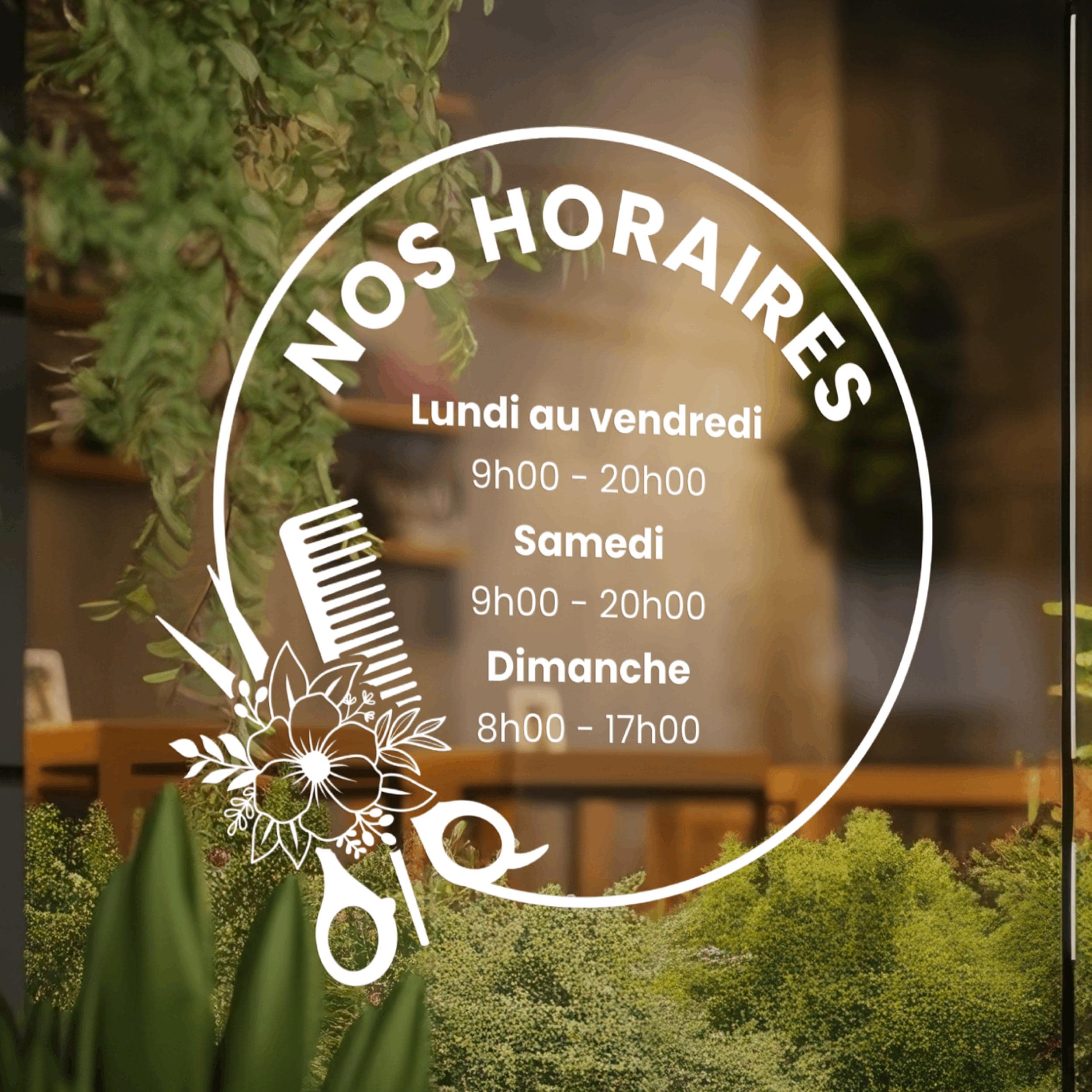 Sticker horaires d’ouverture vitrine | Autocollant vitrophanie heures d’ouverture salon de coiffure