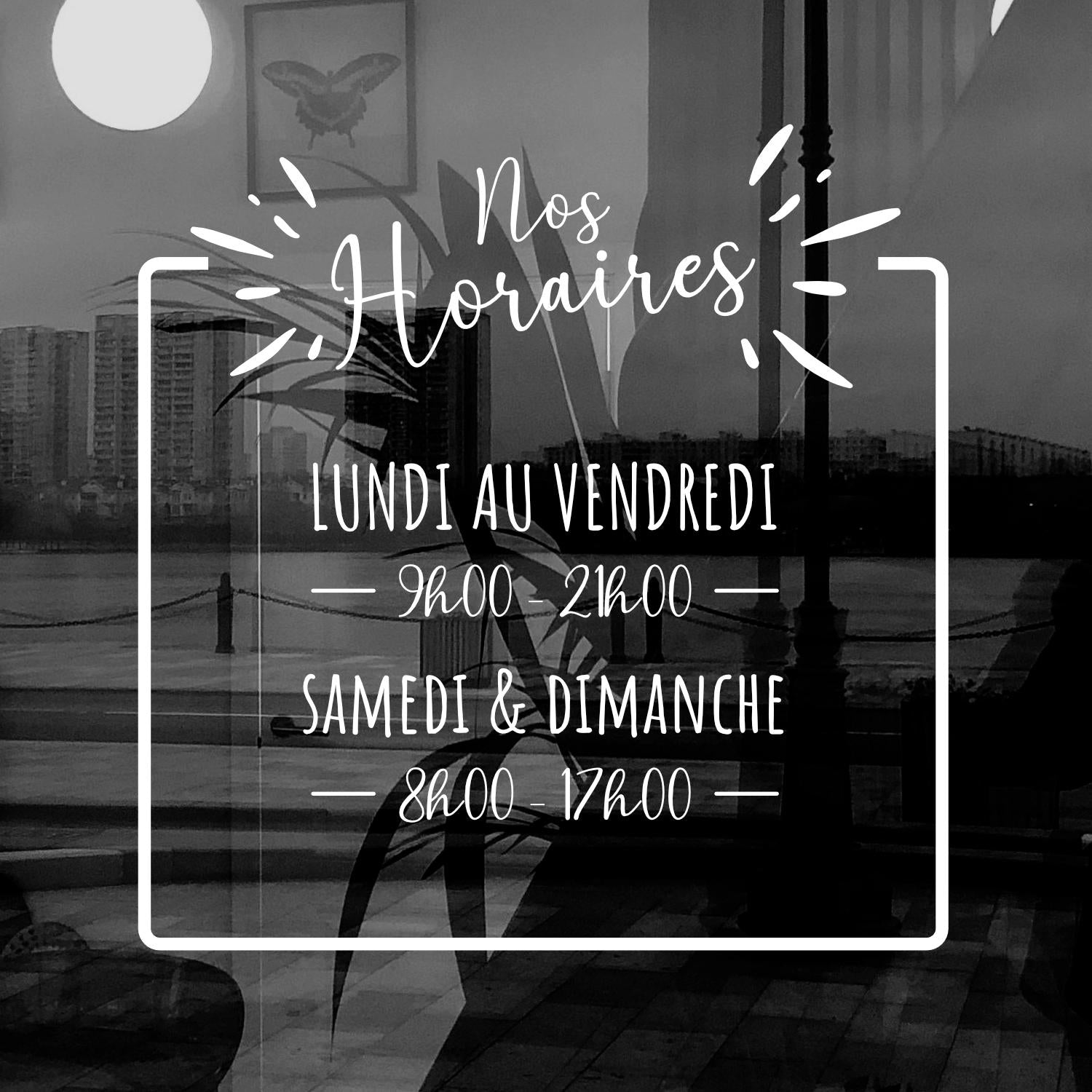 Sticker horaires d’ouverture vitrine | Autocollant vitrophanie heures d’ouverture magasin, salon de coiffure, restaurant, café et commerces