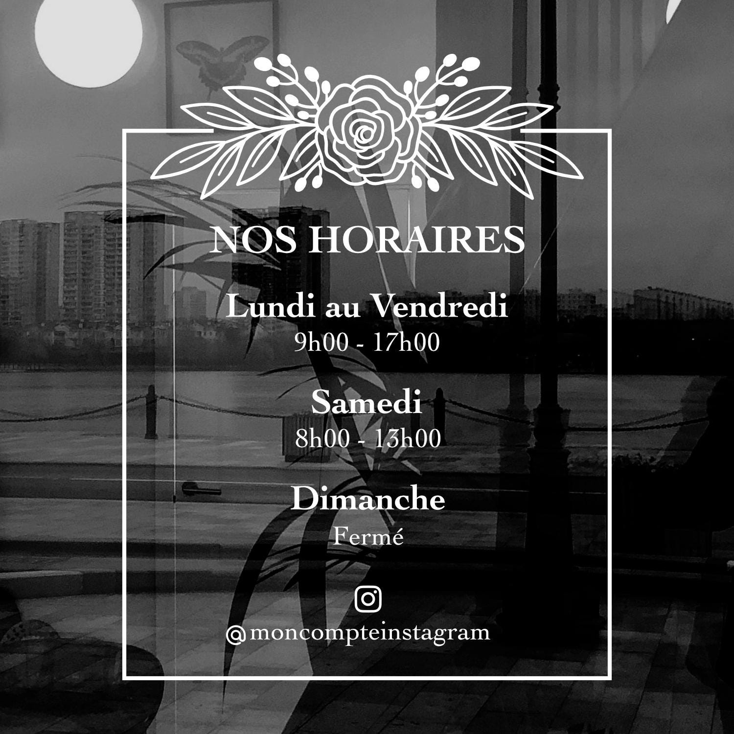Sticker horaires d’ouverture vitrine | Autocollant vitrophanie heures d’ouverture magasin, salon de coiffure, restaurant, café et commerces