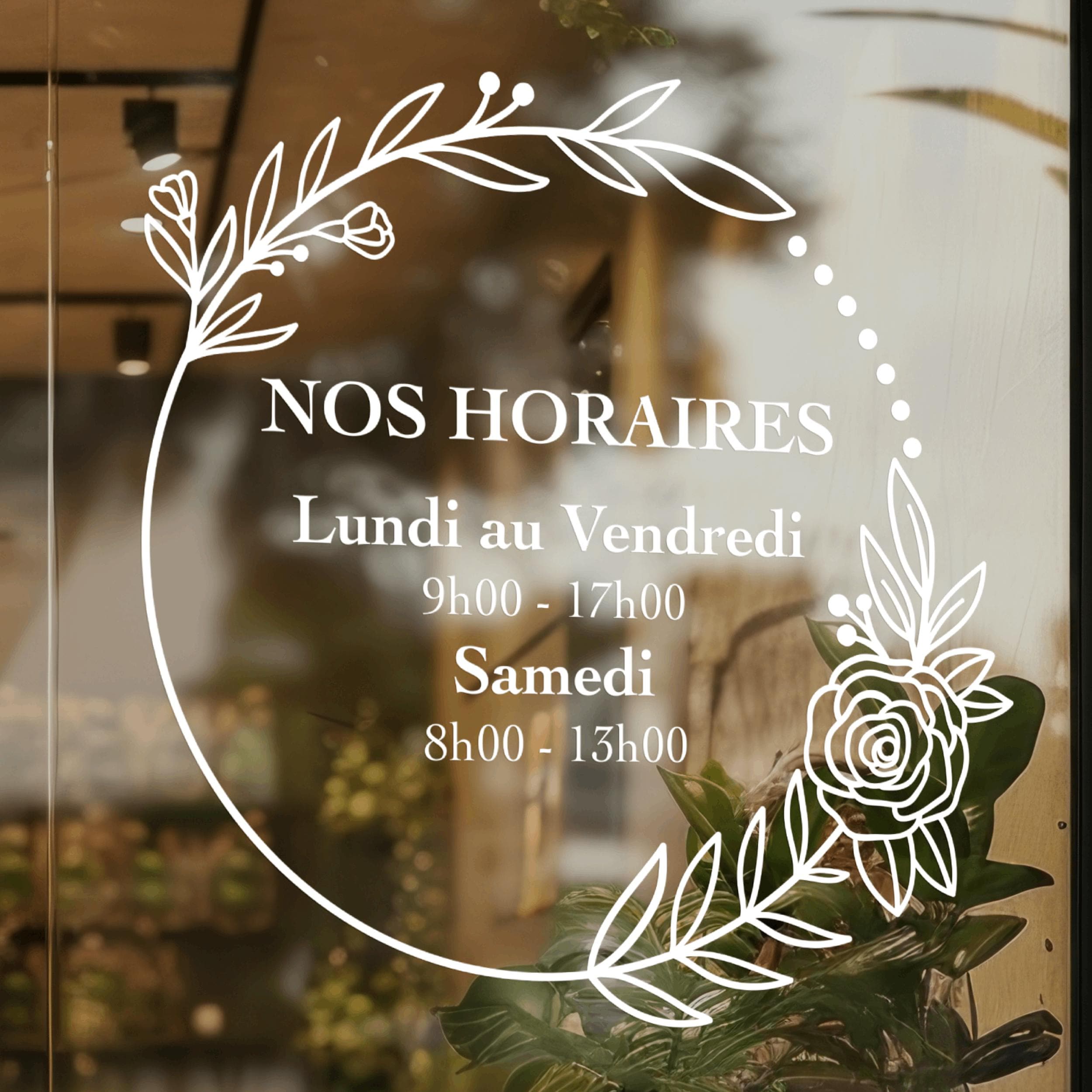Sticker horaires d’ouverture vitrine | Autocollant vitrophanie heures d’ouverture magasin, salon de coiffure, restaurant, café et commerces