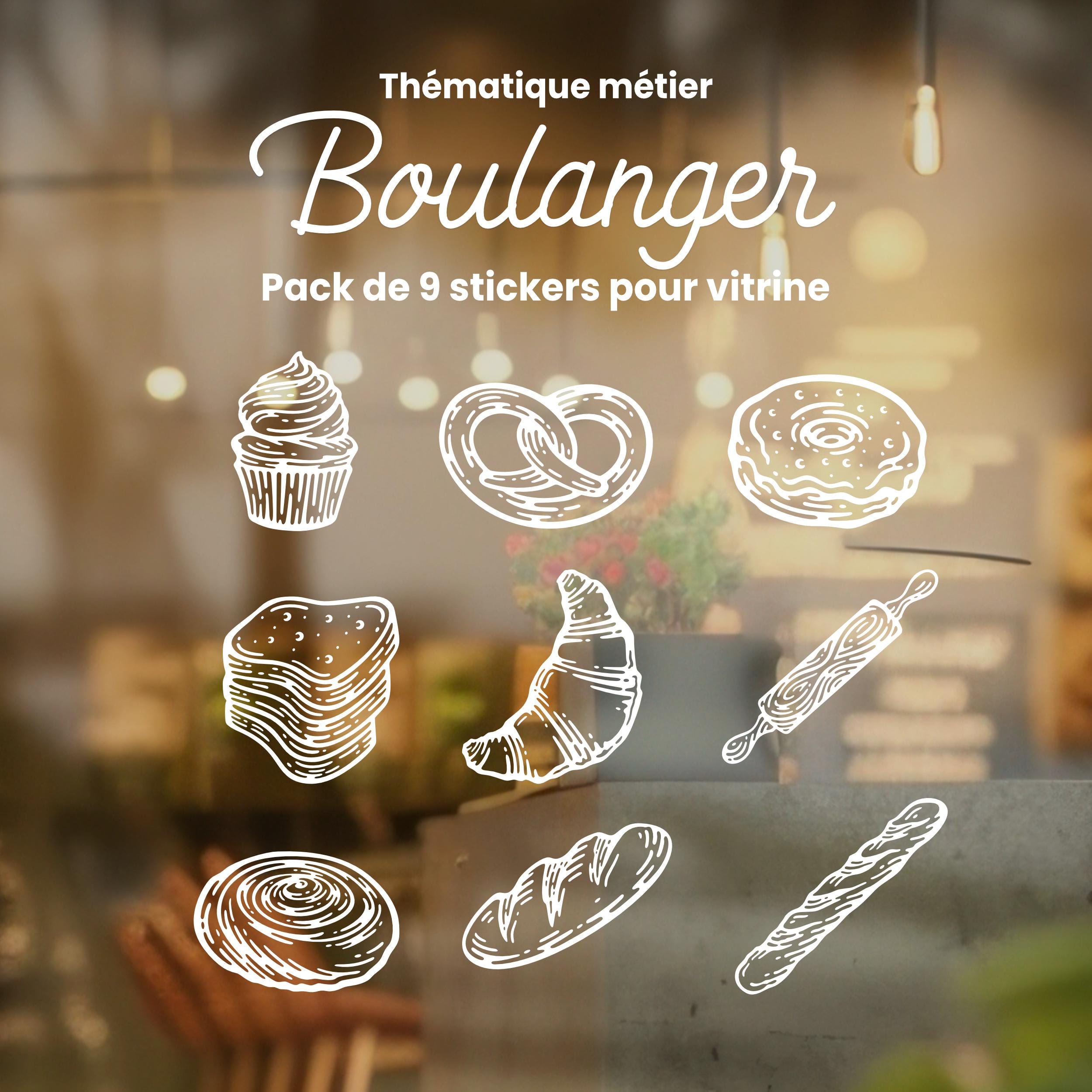 Pack de 9 stickers boulanger en vinyle – autocollants personnalisés pour vitrine de boulangerie