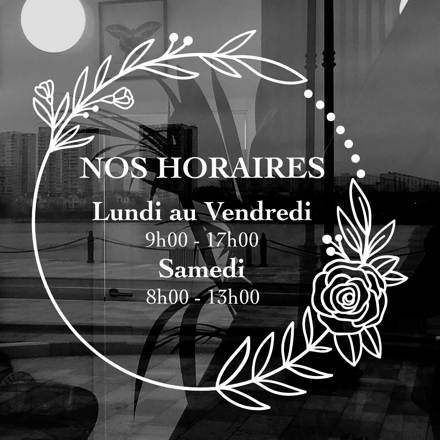 Sticker horaires d’ouverture vitrine | Autocollant vitrophanie heures d’ouverture magasin, salon de coiffure, restaurant, café et commerces