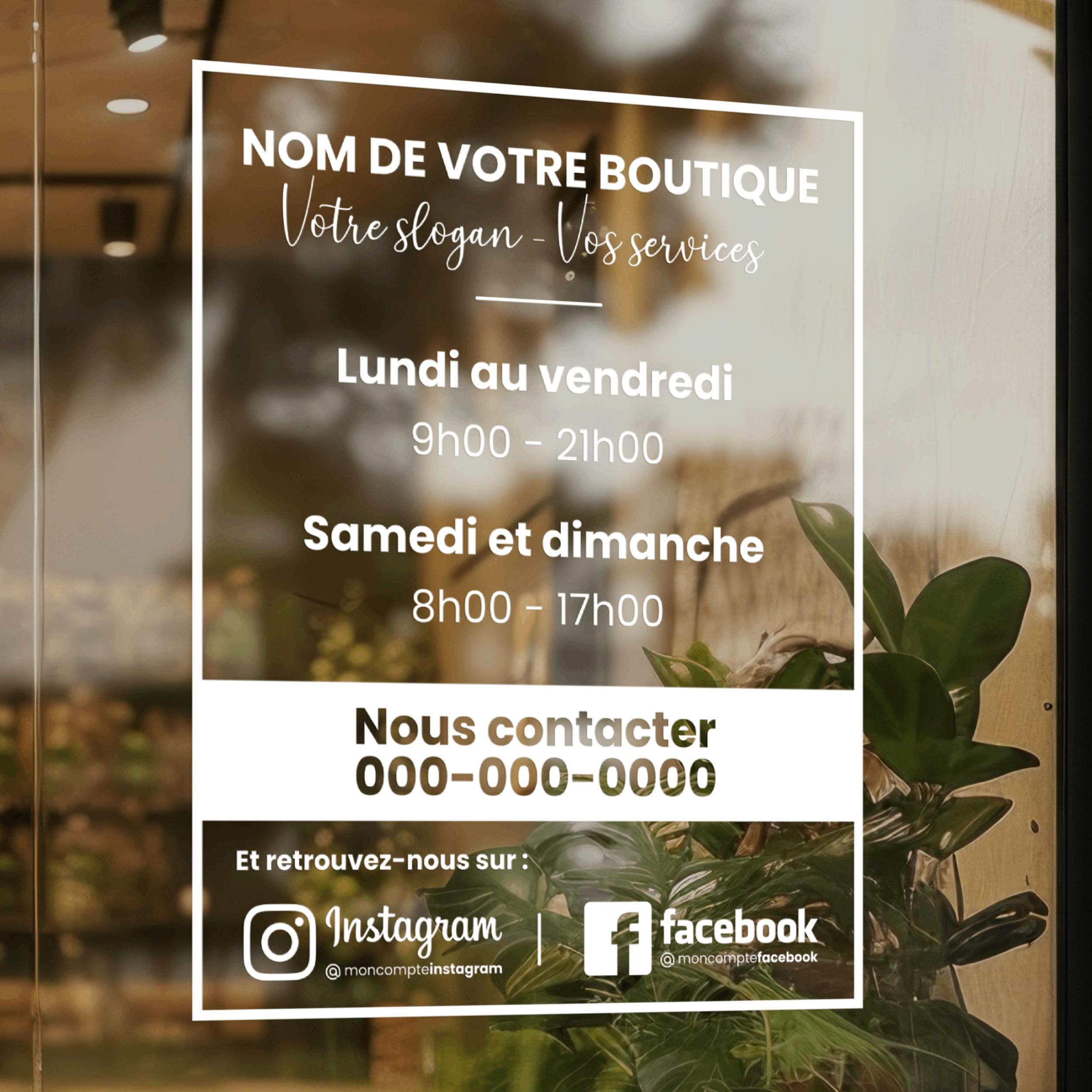 Sticker horaires d’ouverture vitrine | Autocollant vitrophanie heures d’ouverture magasin, salon de coiffure, restaurant, café et commerces